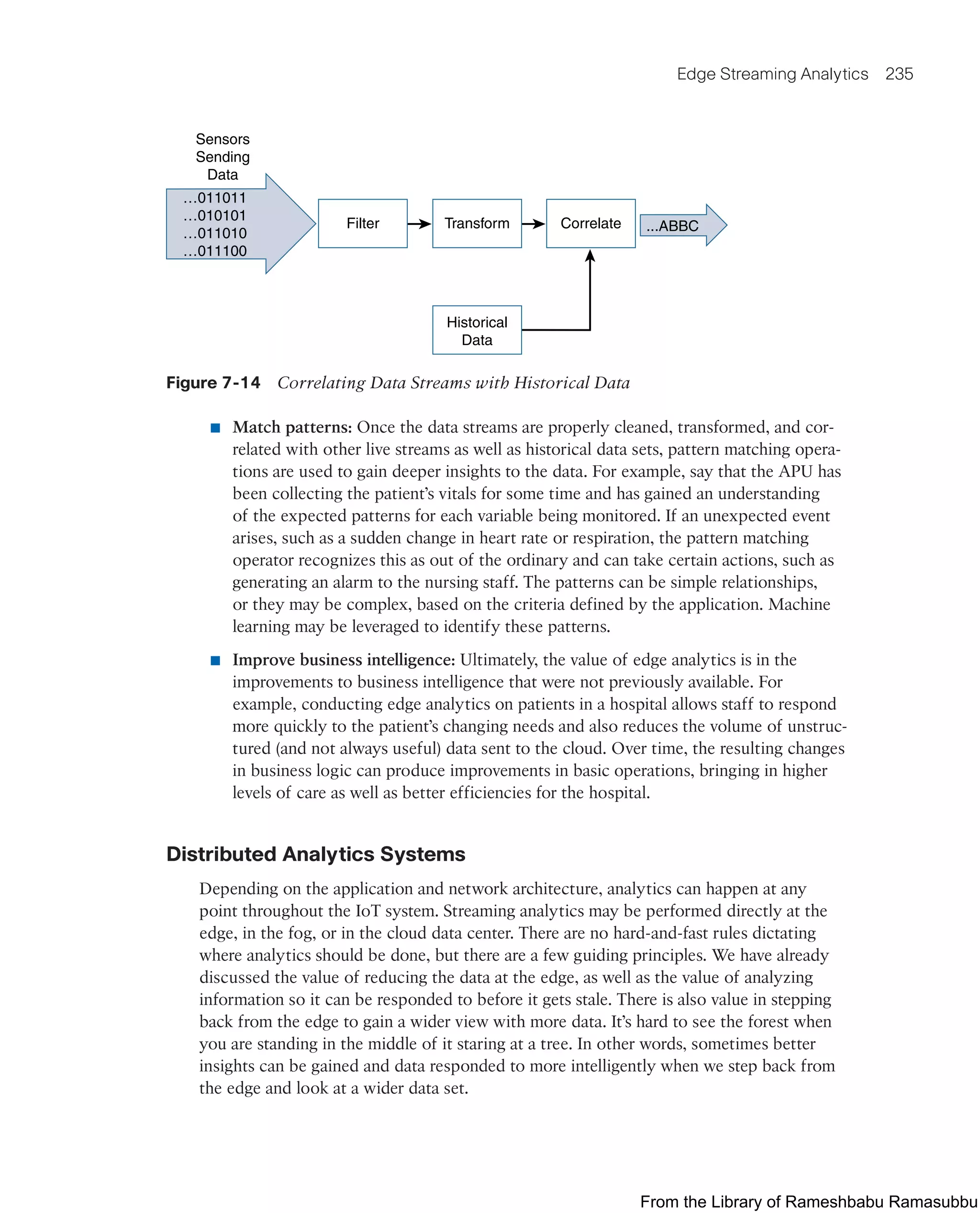 Edge Streaming Analytics 235
Correlate ...ABBC
Sensors
Sending
Data
…011011
…010101
…011010
…011100
Filter Transform
Historical
Data
Figure 7-14 Correlating Data Streams with Historical Data
■ Match patterns: Once the data streams are properly cleaned, transformed, and cor-
related with other live streams as well as historical data sets, pattern matching opera-
tions are used to gain deeper insights to the data. For example, say that the APU has
been collecting the patient’s vitals for some time and has gained an understanding
of the expected patterns for each variable being monitored. If an unexpected event
arises, such as a sudden change in heart rate or respiration, the pattern matching
operator recognizes this as out of the ordinary and can take certain actions, such as
generating an alarm to the nursing staff. The patterns can be simple relationships,
or they may be complex, based on the criteria defined by the application. Machine
learning may be leveraged to identify these patterns.
■ Improve business intelligence: Ultimately, the value of edge analytics is in the
improvements to business intelligence that were not previously available. For
example, conducting edge analytics on patients in a hospital allows staff to respond
more quickly to the patient’s changing needs and also reduces the volume of unstruc-
tured (and not always useful) data sent to the cloud. Over time, the resulting changes
in business logic can produce improvements in basic operations, bringing in higher
levels of care as well as better efficiencies for the hospital.
Distributed Analytics Systems
Depending on the application and network architecture, analytics can happen at any
point throughout the IoT system. Streaming analytics may be performed directly at the
edge, in the fog, or in the cloud data center. There are no hard-and-fast rules dictating
where analytics should be done, but there are a few guiding principles. We have already
discussed the value of reducing the data at the edge, as well as the value of analyzing
information so it can be responded to before it gets stale. There is also value in stepping
back from the edge to gain a wider view with more data. It’s hard to see the forest when
you are standing in the middle of it staring at a tree. In other words, sometimes better
insights can be gained and data responded to more intelligently when we step back from
the edge and look at a wider data set.
From the Library of Rameshbabu Ramasubbu
 