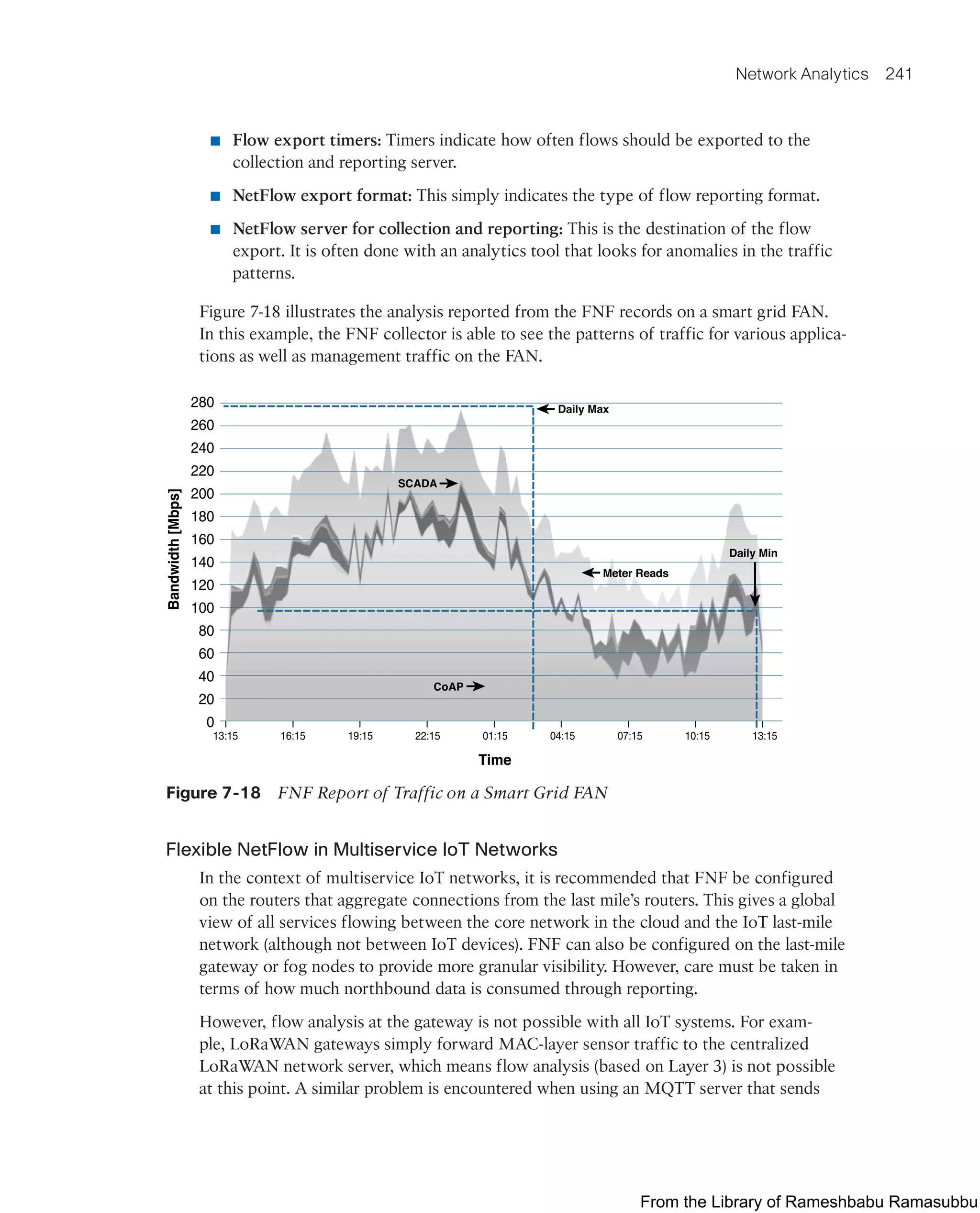 Network Analytics 241
■ Flow export timers: Timers indicate how often flows should be exported to the
collection and reporting server.
■ NetFlow export format: This simply indicates the type of flow reporting format.
■ NetFlow server for collection and reporting: This is the destination of the flow
export. It is often done with an analytics tool that looks for anomalies in the traffic
patterns.
Figure 7-18 illustrates the analysis reported from the FNF records on a smart grid FAN.
In this example, the FNF collector is able to see the patterns of traffic for various applica-
tions as well as management traffic on the FAN.
280
260
240
220
200
180
160
140
120
100
80
60
40
20
0
13:15 16:15 19:15 22:15 01:15 04:15 07:15 10:15 13:15
Bandwidth
[Mbps]
Time
Daily Min
SCADA
CoAP
Meter Reads
Daily Max
Figure 7-18 FNF Report of Traffic on a Smart Grid FAN
Flexible NetFlow in Multiservice IoT Networks
In the context of multiservice IoT networks, it is recommended that FNF be configured
on the routers that aggregate connections from the last mile’s routers. This gives a global
view of all services flowing between the core network in the cloud and the IoT last-mile
network (although not between IoT devices). FNF can also be configured on the last-mile
gateway or fog nodes to provide more granular visibility. However, care must be taken in
terms of how much northbound data is consumed through reporting.
However, flow analysis at the gateway is not possible with all IoT systems. For exam-
ple, LoRaWAN gateways simply forward MAC-layer sensor traffic to the centralized
LoRaWAN network server, which means flow analysis (based on Layer 3) is not possible
at this point. A similar problem is encountered when using an MQTT server that sends
From the Library of Rameshbabu Ramasubbu
 
