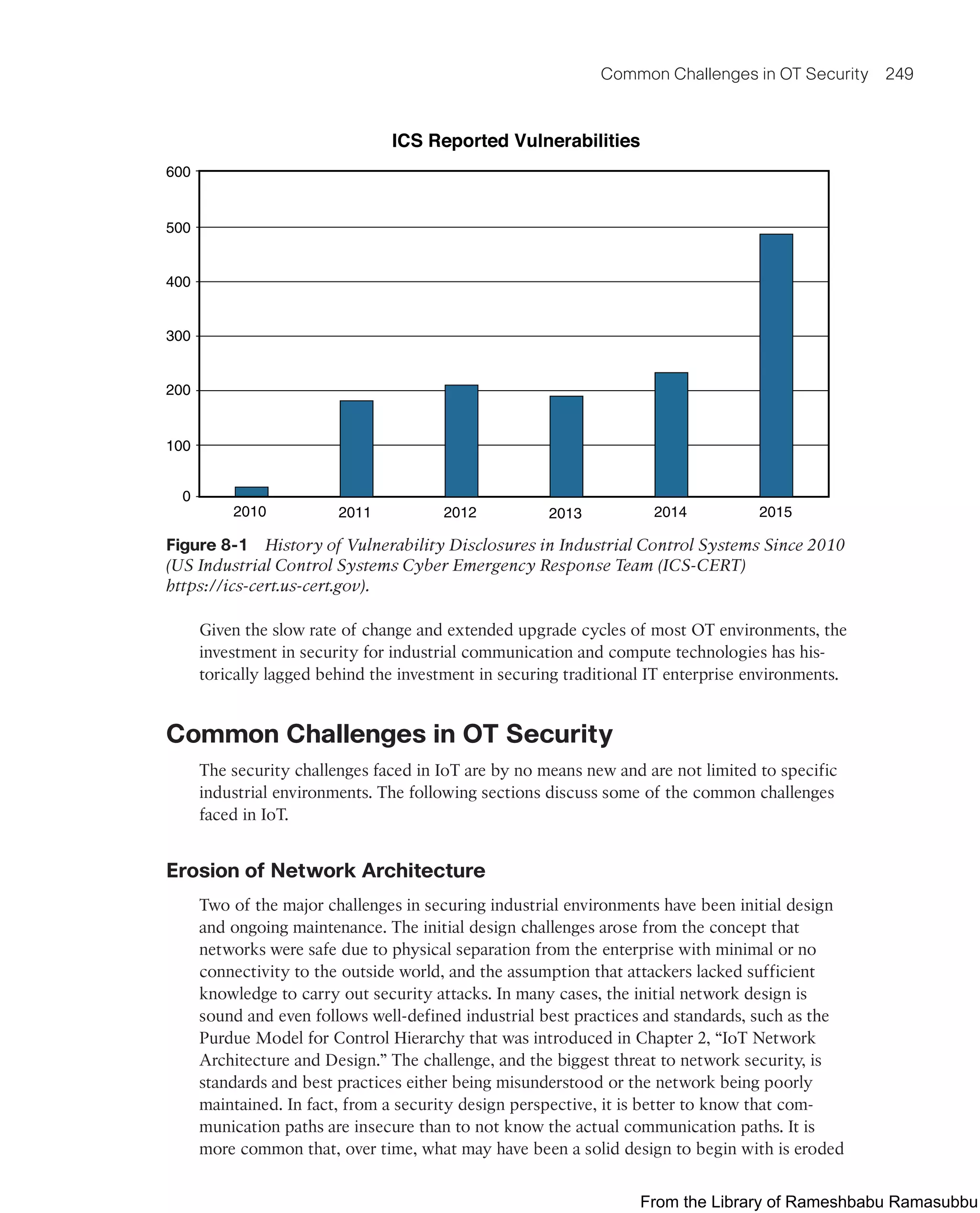 Common Challenges in OT Security 249
ICS Reported Vulnerabilities
600
500
300
200
100
0
400
2010 2011 2012 2013 2014 2015
Figure 8-1 History of Vulnerability Disclosures in Industrial Control Systems Since 2010
(US Industrial Control Systems Cyber Emergency Response Team (ICS-CERT)
https://ics-cert.us-cert.gov).
Given the slow rate of change and extended upgrade cycles of most OT environments, the
investment in security for industrial communication and compute technologies has his-
torically lagged behind the investment in securing traditional IT enterprise environments.
Common Challenges in OT Security
The security challenges faced in IoT are by no means new and are not limited to specific
industrial environments. The following sections discuss some of the common challenges
faced in IoT.
Erosion of Network Architecture
Two of the major challenges in securing industrial environments have been initial design
and ongoing maintenance. The initial design challenges arose from the concept that
networks were safe due to physical separation from the enterprise with minimal or no
connectivity to the outside world, and the assumption that attackers lacked sufficient
knowledge to carry out security attacks. In many cases, the initial network design is
sound and even follows well-defined industrial best practices and standards, such as the
Purdue Model for Control Hierarchy that was introduced in Chapter 2, “IoT Network
Architecture and Design.” The challenge, and the biggest threat to network security, is
standards and best practices either being misunderstood or the network being poorly
maintained. In fact, from a security design perspective, it is better to know that com-
munication paths are insecure than to not know the actual communication paths. It is
more common that, over time, what may have been a solid design to begin with is eroded
From the Library of Rameshbabu Ramasubbu
 