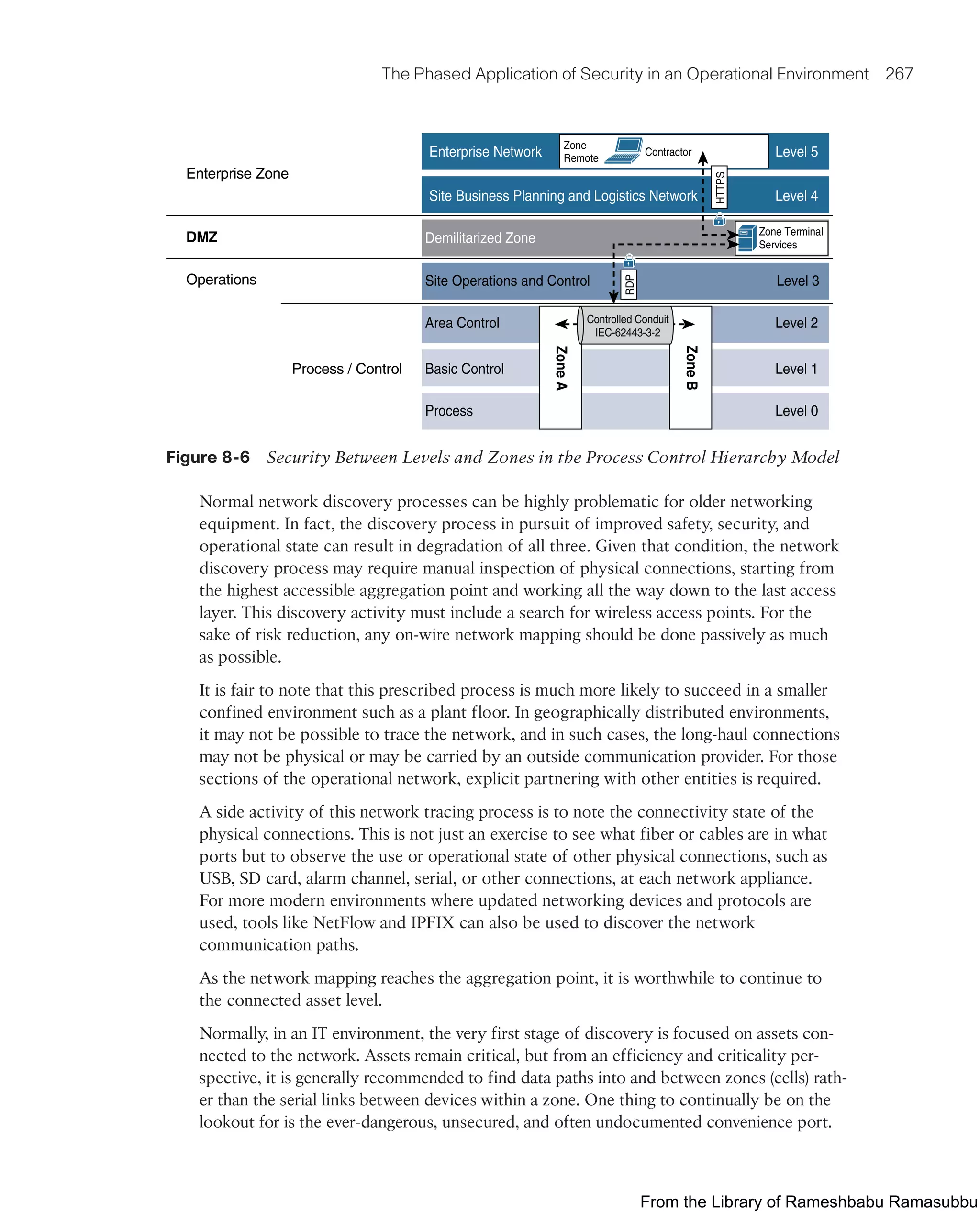 The Phased Application of Security in an Operational Environment 267
Enterprise Zone
DMZ
Operations
Process / Control
Demilitarized Zone
Enterprise Network Level 5
Site Business Planning and Logistics Network Level 4
Site Operations and Control Level 3
Area Control Level 2
Basic Control Level 1
Process Level 0
Zone
A
Zone
B
RDP
Zone Terminal
Services
Zone
Remote
Contractor
HTTPS
Controlled Conduit
IEC-62443-3-2
Figure 8-6 Security Between Levels and Zones in the Process Control Hierarchy Model
Normal network discovery processes can be highly problematic for older networking
equipment. In fact, the discovery process in pursuit of improved safety, security, and
operational state can result in degradation of all three. Given that condition, the network
discovery process may require manual inspection of physical connections, starting from
the highest accessible aggregation point and working all the way down to the last access
layer. This discovery activity must include a search for wireless access points. For the
sake of risk reduction, any on-wire network mapping should be done passively as much
as possible.
It is fair to note that this prescribed process is much more likely to succeed in a smaller
confined environment such as a plant floor. In geographically distributed environments,
it may not be possible to trace the network, and in such cases, the long-haul connections
may not be physical or may be carried by an outside communication provider. For those
sections of the operational network, explicit partnering with other entities is required.
A side activity of this network tracing process is to note the connectivity state of the
physical connections. This is not just an exercise to see what fiber or cables are in what
ports but to observe the use or operational state of other physical connections, such as
USB, SD card, alarm channel, serial, or other connections, at each network appliance.
For more modern environments where updated networking devices and protocols are
used, tools like NetFlow and IPFIX can also be used to discover the network
communication paths.
As the network mapping reaches the aggregation point, it is worthwhile to continue to
the connected asset level.
Normally, in an IT environment, the very first stage of discovery is focused on assets con-
nected to the network. Assets remain critical, but from an efficiency and criticality per-
spective, it is generally recommended to find data paths into and between zones (cells) rath-
er than the serial links between devices within a zone. One thing to continually be on the
lookout for is the ever-dangerous, unsecured, and often undocumented convenience port.
From the Library of Rameshbabu Ramasubbu
 
