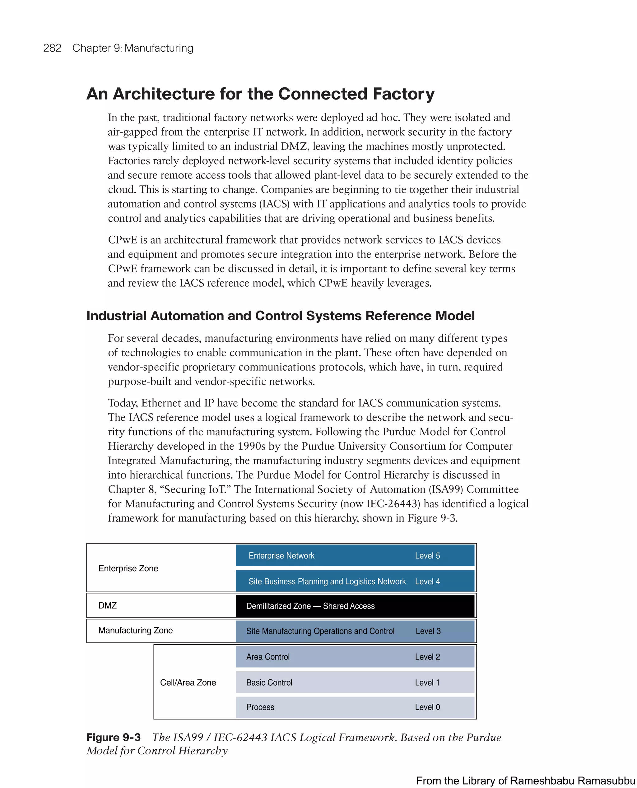 282 Chapter 9: Manufacturing
An Architecture for the Connected Factory
In the past, traditional factory networks were deployed ad hoc. They were isolated and
air-gapped from the enterprise IT network. In addition, network security in the factory
was typically limited to an industrial DMZ, leaving the machines mostly unprotected.
Factories rarely deployed network-level security systems that included identity policies
and secure remote access tools that allowed plant-level data to be securely extended to the
cloud. This is starting to change. Companies are beginning to tie together their industrial
automation and control systems (IACS) with IT applications and analytics tools to provide
control and analytics capabilities that are driving operational and business benefits.
CPwE is an architectural framework that provides network services to IACS devices
and equipment and promotes secure integration into the enterprise network. Before the
CPwE framework can be discussed in detail, it is important to define several key terms
and review the IACS reference model, which CPwE heavily leverages.
Industrial Automation and Control Systems Reference Model
For several decades, manufacturing environments have relied on many different types
of technologies to enable communication in the plant. These often have depended on
vendor-specific proprietary communications protocols, which have, in turn, required
purpose-built and vendor-specific networks.
Today, Ethernet and IP have become the standard for IACS communication systems.
The IACS reference model uses a logical framework to describe the network and secu-
rity functions of the manufacturing system. Following the Purdue Model for Control
Hierarchy developed in the 1990s by the Purdue University Consortium for Computer
Integrated Manufacturing, the manufacturing industry segments devices and equipment
into hierarchical functions. The Purdue Model for Control Hierarchy is discussed in
Chapter 8, “Securing IoT.” The International Society of Automation (ISA99) Committee
for Manufacturing and Control Systems Security (now IEC-26443) has identified a logical
framework for manufacturing based on this hierarchy, shown in Figure 9-3.
Enterprise Zone
DMZ
Manufacturing Zone
Cell/Area Zone
Demilitarized Zone — Shared Access
Enterprise Network Level 5
Site Business Planning and Logistics Network Level 4
Site Manufacturing Operations and Control Level 3
Area Control Level 2
Basic Control Level 1
Process Level 0
Figure 9-3 The ISA99 / IEC-62443 IACS Logical Framework, Based on the Purdue
Model for Control Hierarchy
From the Library of Rameshbabu Ramasubbu
 