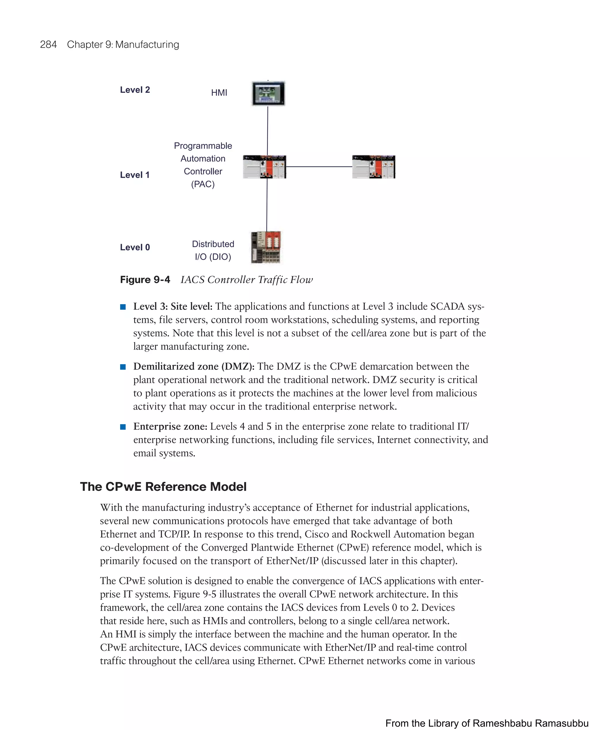 284 Chapter 9: Manufacturing
Programmable
Automation
Controller
(PAC)
Distributed
I/O (DIO)
HMI
Level 2
Level 1
Level 0
Figure 9-4 IACS Controller Traffic Flow
■ Level 3: Site level: The applications and functions at Level 3 include SCADA sys-
tems, file servers, control room workstations, scheduling systems, and reporting
systems. Note that this level is not a subset of the cell/area zone but is part of the
larger manufacturing zone.
■ Demilitarized zone (DMZ): The DMZ is the CPwE demarcation between the
plant operational network and the traditional network. DMZ security is critical
to plant operations as it protects the machines at the lower level from malicious
activity that may occur in the traditional enterprise network.
■ Enterprise zone: Levels 4 and 5 in the enterprise zone relate to traditional IT/
enterprise networking functions, including file services, Internet connectivity, and
email systems.
The CPwE Reference Model
With the manufacturing industry’s acceptance of Ethernet for industrial applications,
several new communications protocols have emerged that take advantage of both
Ethernet and TCP/IP. In response to this trend, Cisco and Rockwell Automation began
co-development of the Converged Plantwide Ethernet (CPwE) reference model, which is
primarily focused on the transport of EtherNet/IP (discussed later in this chapter).
The CPwE solution is designed to enable the convergence of IACS applications with enter-
prise IT systems. Figure 9-5 illustrates the overall CPwE network architecture. In this
framework, the cell/area zone contains the IACS devices from Levels 0 to 2. Devices
that reside here, such as HMIs and controllers, belong to a single cell/area network.
An HMI is simply the interface between the machine and the human operator. In the
CPwE architecture, IACS devices communicate with EtherNet/IP and real-time control
traffic throughout the cell/area using Ethernet. CPwE Ethernet networks come in various
From the Library of Rameshbabu Ramasubbu
 