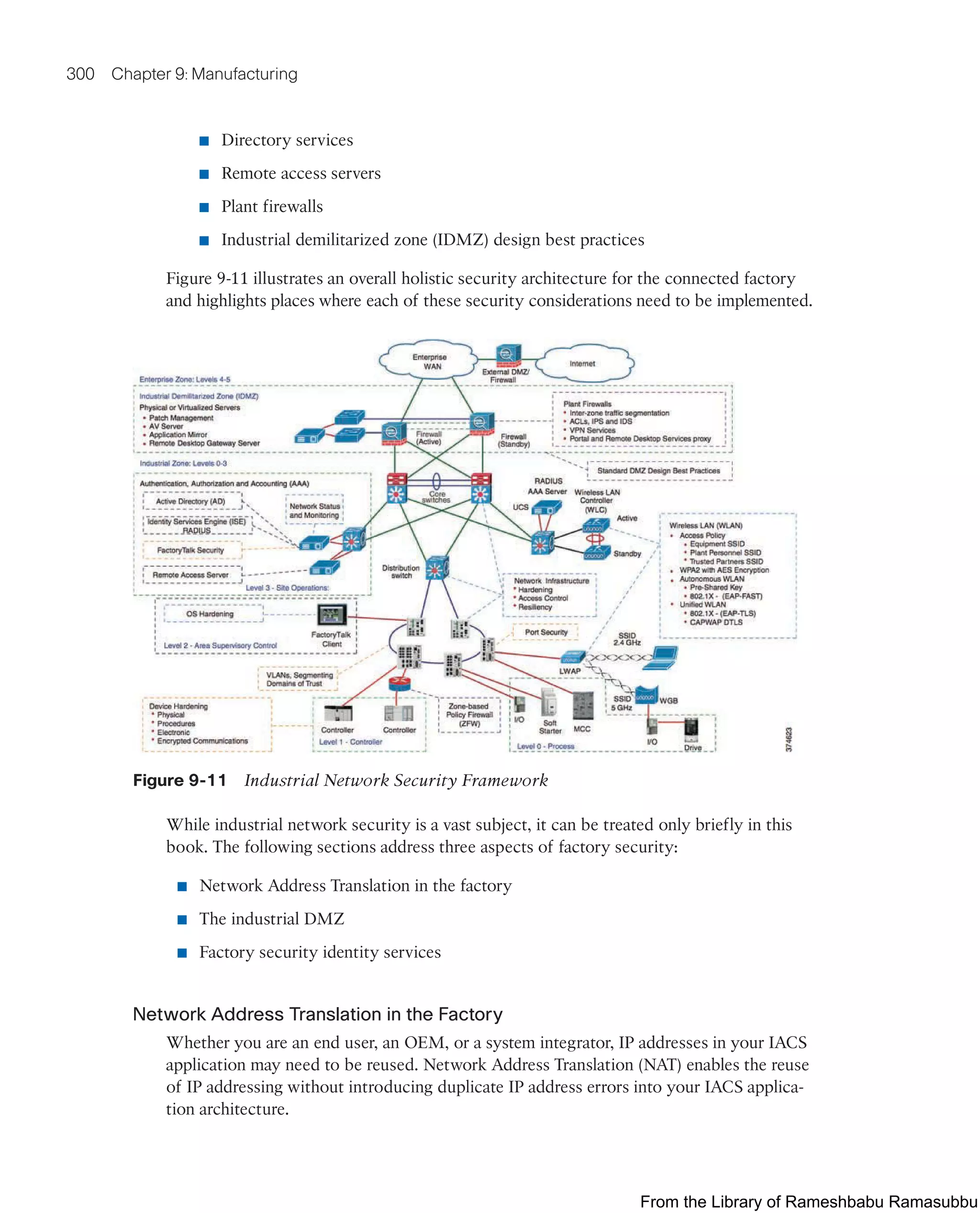 300 Chapter 9: Manufacturing
■ Directory services
■ Remote access servers
■ Plant firewalls
■ Industrial demilitarized zone (IDMZ) design best practices
Figure 9-11 illustrates an overall holistic security architecture for the connected factory
and highlights places where each of these security considerations need to be implemented.
Figure 9-11 Industrial Network Security Framework
While industrial network security is a vast subject, it can be treated only briefly in this
book. The following sections address three aspects of factory security:
■ Network Address Translation in the factory
■ The industrial DMZ
■ Factory security identity services
Network Address Translation in the Factory
Whether you are an end user, an OEM, or a system integrator, IP addresses in your IACS
application may need to be reused. Network Address Translation (NAT) enables the reuse
of IP addressing without introducing duplicate IP address errors into your IACS applica-
tion architecture.
From the Library of Rameshbabu Ramasubbu
 