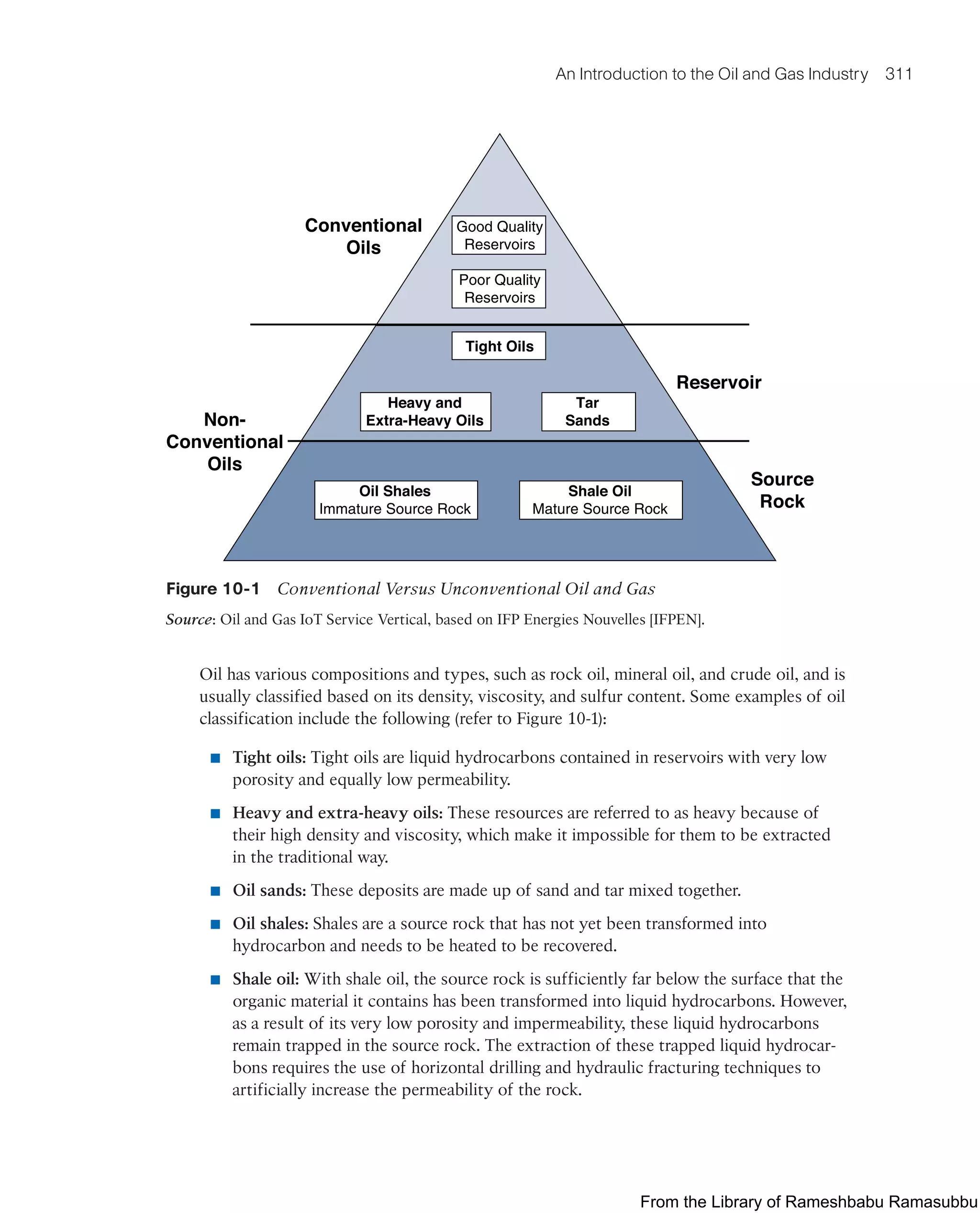 An Introduction to the Oil and Gas Industry 311
Good Quality
Reservoirs
Poor Quality
Reservoirs
Tight Oils
Heavy and
Extra-Heavy Oils
Oil Shales
Immature Source Rock
Shale Oil
Mature Source Rock
Tar
Sands
Conventional
Oils
Non-
Conventional
Oils
Reservoir
Source
Rock
Figure 10-1 Conventional Versus Unconventional Oil and Gas
Source: Oil and Gas IoT Service Vertical, based on IFP Energies Nouvelles [IFPEN].
Oil has various compositions and types, such as rock oil, mineral oil, and crude oil, and is
usually classified based on its density, viscosity, and sulfur content. Some examples of oil
classification include the following (refer to Figure 10-1):
■ Tight oils: Tight oils are liquid hydrocarbons contained in reservoirs with very low
porosity and equally low permeability.
■ Heavy and extra-heavy oils: These resources are referred to as heavy because of
their high density and viscosity, which make it impossible for them to be extracted
in the traditional way.
■ Oil sands: These deposits are made up of sand and tar mixed together.
■ Oil shales: Shales are a source rock that has not yet been transformed into
hydrocarbon and needs to be heated to be recovered.
■ Shale oil: With shale oil, the source rock is sufficiently far below the surface that the
organic material it contains has been transformed into liquid hydrocarbons. However,
as a result of its very low porosity and impermeability, these liquid hydrocarbons
remain trapped in the source rock. The extraction of these trapped liquid hydrocar-
bons requires the use of horizontal drilling and hydraulic fracturing techniques to
artificially increase the permeability of the rock.
From the Library of Rameshbabu Ramasubbu
 