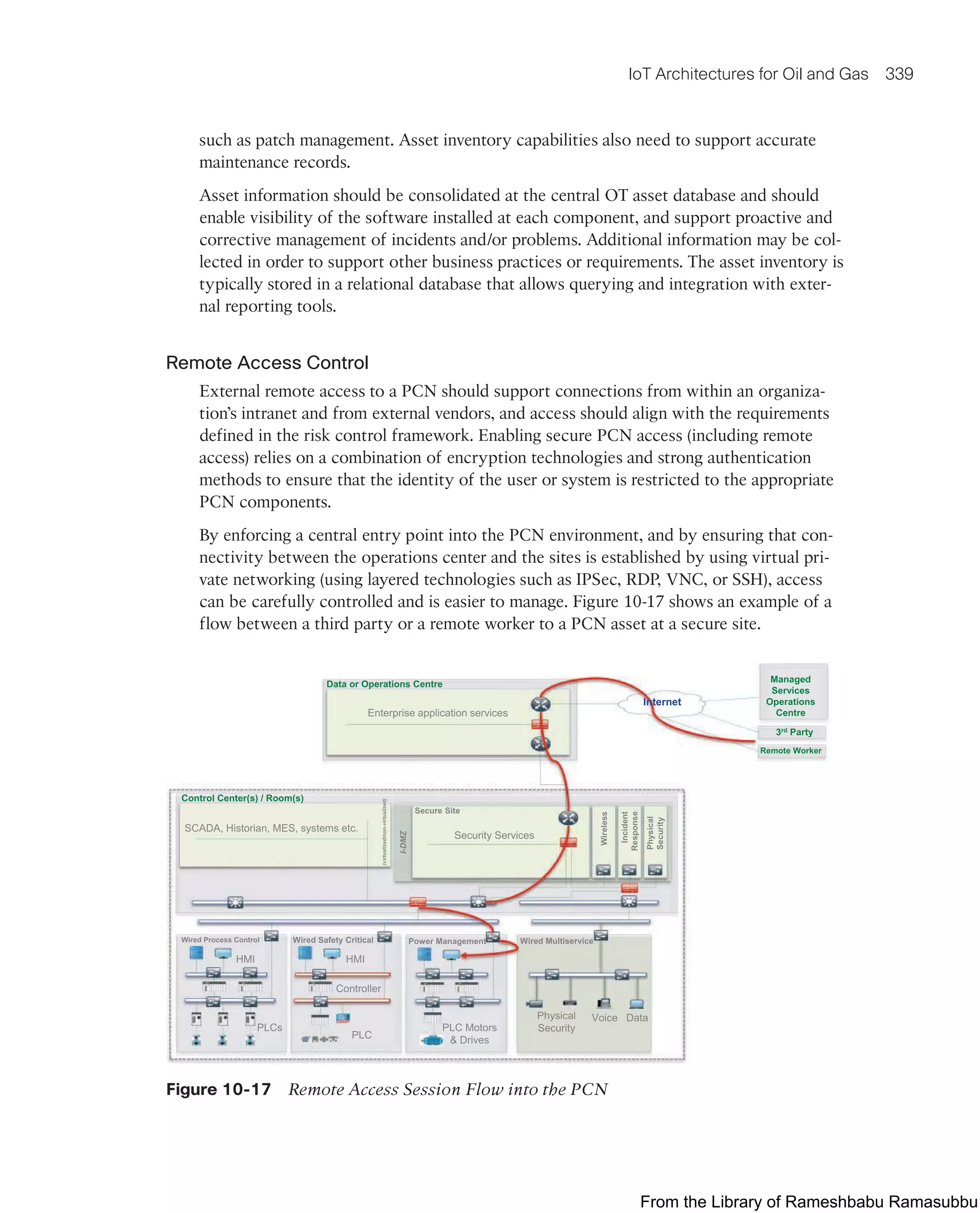 IoT Architectures for Oil and Gas 339
such as patch management. Asset inventory capabilities also need to support accurate
maintenance records.
Asset information should be consolidated at the central OT asset database and should
enable visibility of the software installed at each component, and support proactive and
corrective management of incidents and/or problems. Additional information may be col-
lected in order to support other business practices or requirements. The asset inventory is
typically stored in a relational database that allows querying and integration with exter-
nal reporting tools.
Remote Access Control
External remote access to a PCN should support connections from within an organiza-
tion’s intranet and from external vendors, and access should align with the requirements
defined in the risk control framework. Enabling secure PCN access (including remote
access) relies on a combination of encryption technologies and strong authentication
methods to ensure that the identity of the user or system is restricted to the appropriate
PCN components.
By enforcing a central entry point into the PCN environment, and by ensuring that con-
nectivity between the operations center and the sites is established by using virtual pri-
vate networking (using layered technologies such as IPSec, RDP, VNC, or SSH), access
can be carefully controlled and is easier to manage. Figure 10-17 shows an example of a
flow between a third party or a remote worker to a PCN asset at a secure site.
SCADA, Historian, MES, systems etc.
(virtualized/non-virtualized)
Control Center(s) / Room(s)
I-DMZ
Secure Site
Wireless
Internet
Data or Operations Centre
Enterprise application services
3rd Party
Remote Worker
Incident
Response
Physical
Security
Wired Process Control
Controller
HMI
PLCs
PLC
Wired Safety Critical
PLC Motors
 Drives
Power Management
Physical
Security
Voice Data
Wired Multiservice
Managed
Services
Operations
Centre
Security Services
HMI
Figure 10-17 Remote Access Session Flow into the PCN
From the Library of Rameshbabu Ramasubbu
 