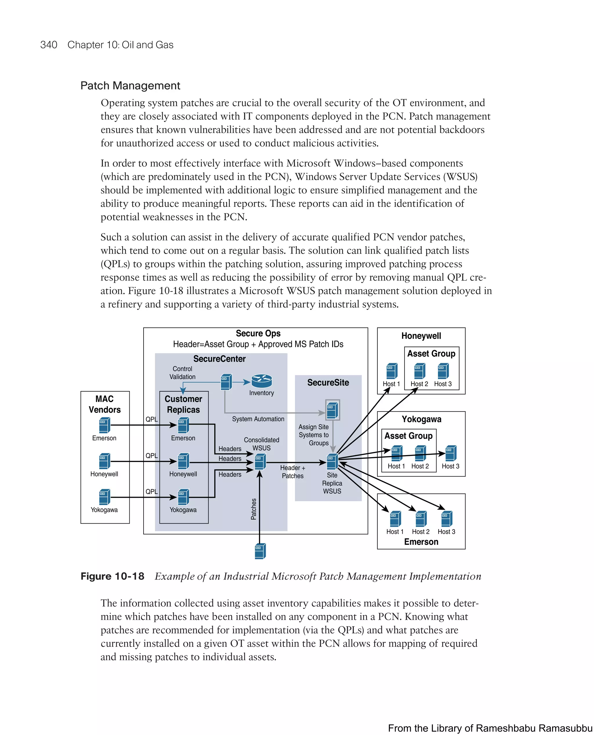 340 Chapter 10: Oil and Gas
Patch Management
Operating system patches are crucial to the overall security of the OT environment, and
they are closely associated with IT components deployed in the PCN. Patch management
ensures that known vulnerabilities have been addressed and are not potential backdoors
for unauthorized access or used to conduct malicious activities.
In order to most effectively interface with Microsoft Windows–based components
(which are predominately used in the PCN), Windows Server Update Services (WSUS)
should be implemented with additional logic to ensure simplified management and the
ability to produce meaningful reports. These reports can aid in the identification of
potential weaknesses in the PCN.
Such a solution can assist in the delivery of accurate qualified PCN vendor patches,
which tend to come out on a regular basis. The solution can link qualified patch lists
(QPLs) to groups within the patching solution, assuring improved patching process
response times as well as reducing the possibility of error by removing manual QPL cre-
ation. Figure 10-18 illustrates a Microsoft WSUS patch management solution deployed in
a refinery and supporting a variety of third-party industrial systems.
Secure Ops
Header=Asset Group + Approved MS Patch IDs
SecureCenter
Honeywell
Emerson
Host 1 Host 2 Host 3
Asset Group
SecureSite Host 1 Host 2 Host 3
MAC
Vendors
Emerson
Yokogawa
Customer
Replicas
Yokogawa
Asset Group
Host 1 Host 2 Host 3
QPL
QPL
QPL
Emerson
Honeywell
Yokogawa
Inventory
System Automation
Control
Validation
Consolidated
WSUS
Assign Site
Systems to
Groups
Header +
Patches Site
Replica
WSUS
Headers
Headers
Headers
Patches
Honeywell
Figure 10-18 Example of an Industrial Microsoft Patch Management Implementation
The information collected using asset inventory capabilities makes it possible to deter-
mine which patches have been installed on any component in a PCN. Knowing what
patches are recommended for implementation (via the QPLs) and what patches are
currently installed on a given OT asset within the PCN allows for mapping of required
and missing patches to individual assets.
From the Library of Rameshbabu Ramasubbu
 