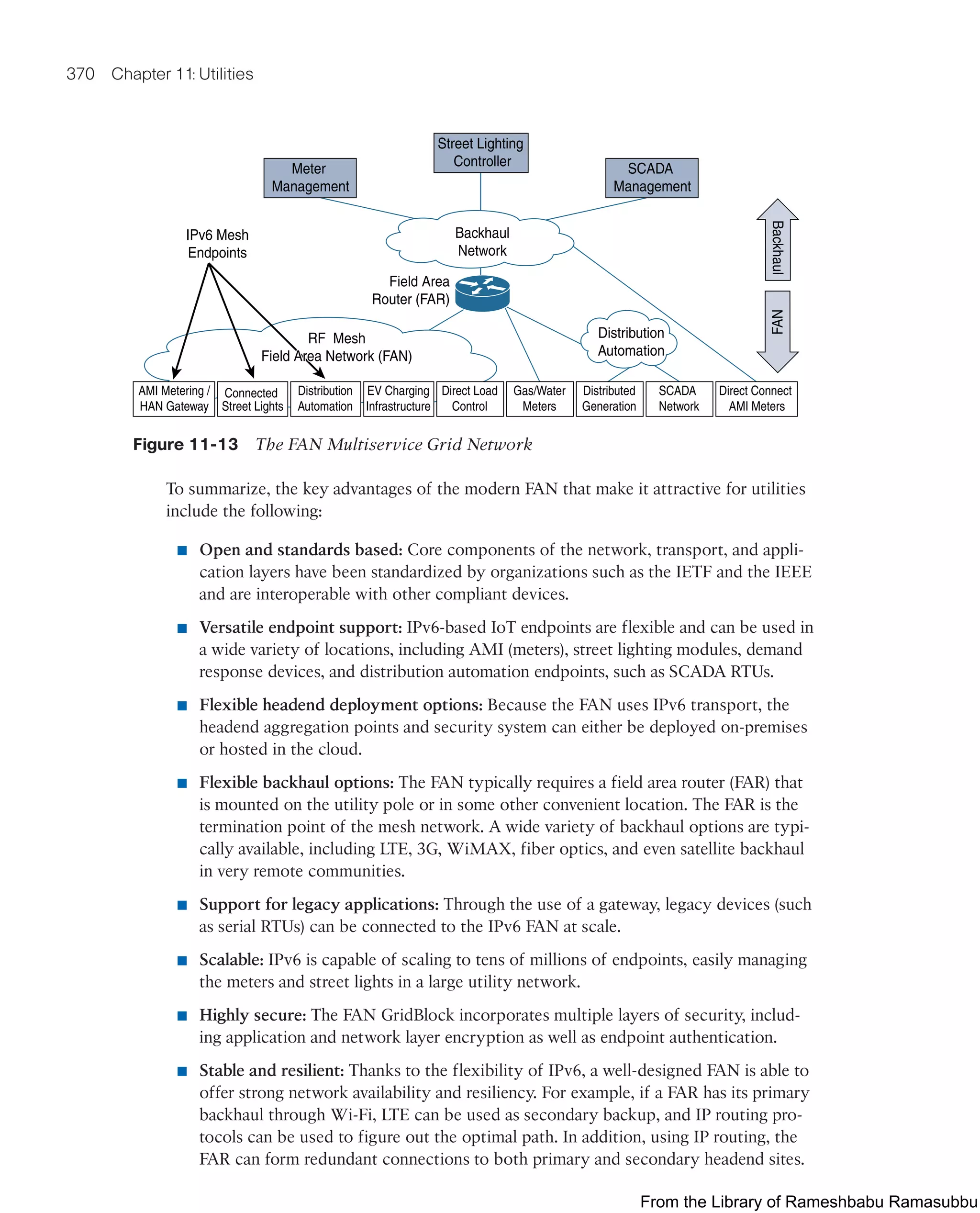 370 Chapter 11: Utilities
AMI Metering /
HAN Gateway
Direct Connect
AMI Meters
Connected
Street Lights
Distribution
Automation
EV Charging
Infrastructure
Direct Load
Control
Gas/Water
Meters
Distributed
Generation
SCADA
Network
Distribution
Automation
Backhaul
FAN
IPv6 Mesh
Endpoints
Field Area
Router (FAR)
RF Mesh
Field Area Network (FAN)
RF Mesh
Field Area Network (FAN)
Meter
Management
SCADA
Management
Street Lighting
Controller
Backhaul
Network
Figure 11-13 The FAN Multiservice Grid Network
To summarize, the key advantages of the modern FAN that make it attractive for utilities
include the following:
■ Open and standards based: Core components of the network, transport, and appli-
cation layers have been standardized by organizations such as the IETF and the IEEE
and are interoperable with other compliant devices.
■ Versatile endpoint support: IPv6-based IoT endpoints are flexible and can be used in
a wide variety of locations, including AMI (meters), street lighting modules, demand
response devices, and distribution automation endpoints, such as SCADA RTUs.
■ Flexible headend deployment options: Because the FAN uses IPv6 transport, the
headend aggregation points and security system can either be deployed on-premises
or hosted in the cloud.
■ Flexible backhaul options: The FAN typically requires a field area router (FAR) that
is mounted on the utility pole or in some other convenient location. The FAR is the
termination point of the mesh network. A wide variety of backhaul options are typi-
cally available, including LTE, 3G, WiMAX, fiber optics, and even satellite backhaul
in very remote communities.
■ Support for legacy applications: Through the use of a gateway, legacy devices (such
as serial RTUs) can be connected to the IPv6 FAN at scale.
■ Scalable: IPv6 is capable of scaling to tens of millions of endpoints, easily managing
the meters and street lights in a large utility network.
■ Highly secure: The FAN GridBlock incorporates multiple layers of security, includ-
ing application and network layer encryption as well as endpoint authentication.
■ Stable and resilient: Thanks to the flexibility of IPv6, a well-designed FAN is able to
offer strong network availability and resiliency. For example, if a FAR has its primary
backhaul through Wi-Fi, LTE can be used as secondary backup, and IP routing pro-
tocols can be used to figure out the optimal path. In addition, using IP routing, the
FAR can form redundant connections to both primary and secondary headend sites.
From the Library of Rameshbabu Ramasubbu
 