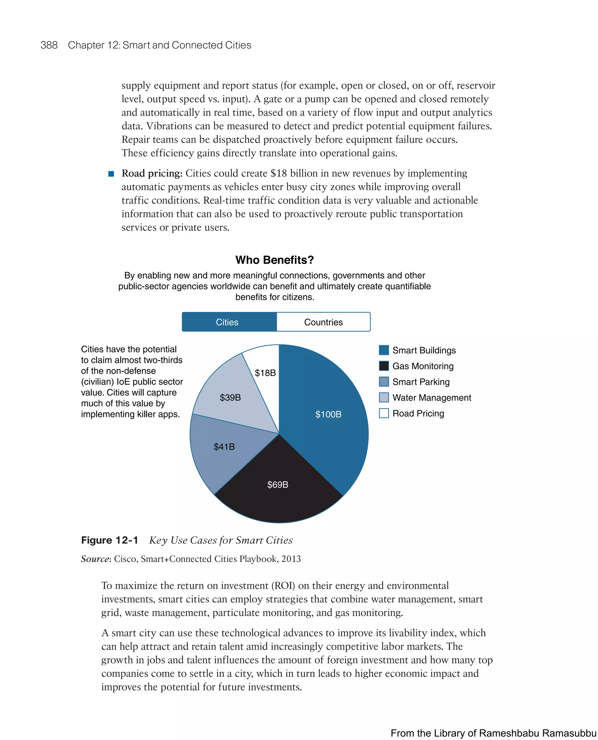 388 Chapter 12: Smart and Connected Cities
supply equipment and report status (for example, open or closed, on or off, reservoir
level, output speed vs. input). A gate or a pump can be opened and closed remotely
and automatically in real time, based on a variety of flow input and output analytics
data. Vibrations can be measured to detect and predict potential equipment failures.
Repair teams can be dispatched proactively before equipment failure occurs.
These efficiency gains directly translate into operational gains.
■ Road pricing: Cities could create $18 billion in new revenues by implementing
automatic payments as vehicles enter busy city zones while improving overall
traffic conditions. Real-time traffic condition data is very valuable and actionable
information that can also be used to proactively reroute public transportation
services or private users.
By enabling new and more meaningful connections, governments and other
public-sector agencies worldwide can benefit and ultimately create quantifiable
benefits for citizens.
Cities have the potential
to claim almost two-thirds
of the non-defense
(civilian) IoE public sector
value. Cities will capture
much of this value by
implementing killer apps.
Smart Buildings
Gas Monitoring
Smart Parking
Water Management
Road Pricing
Who Benefits?
Cities Countries
$18B
$39B
$41B
$69B
$100B
Figure 12-1 Key Use Cases for Smart Cities
Source: Cisco, Smart+Connected Cities Playbook, 2013
To maximize the return on investment (ROI) on their energy and environmental
investments, smart cities can employ strategies that combine water management, smart
grid, waste management, particulate monitoring, and gas monitoring.
A smart city can use these technological advances to improve its livability index, which
can help attract and retain talent amid increasingly competitive labor markets. The
growth in jobs and talent influences the amount of foreign investment and how many top
companies come to settle in a city, which in turn leads to higher economic impact and
improves the potential for future investments.
From the Library of Rameshbabu Ramasubbu
 