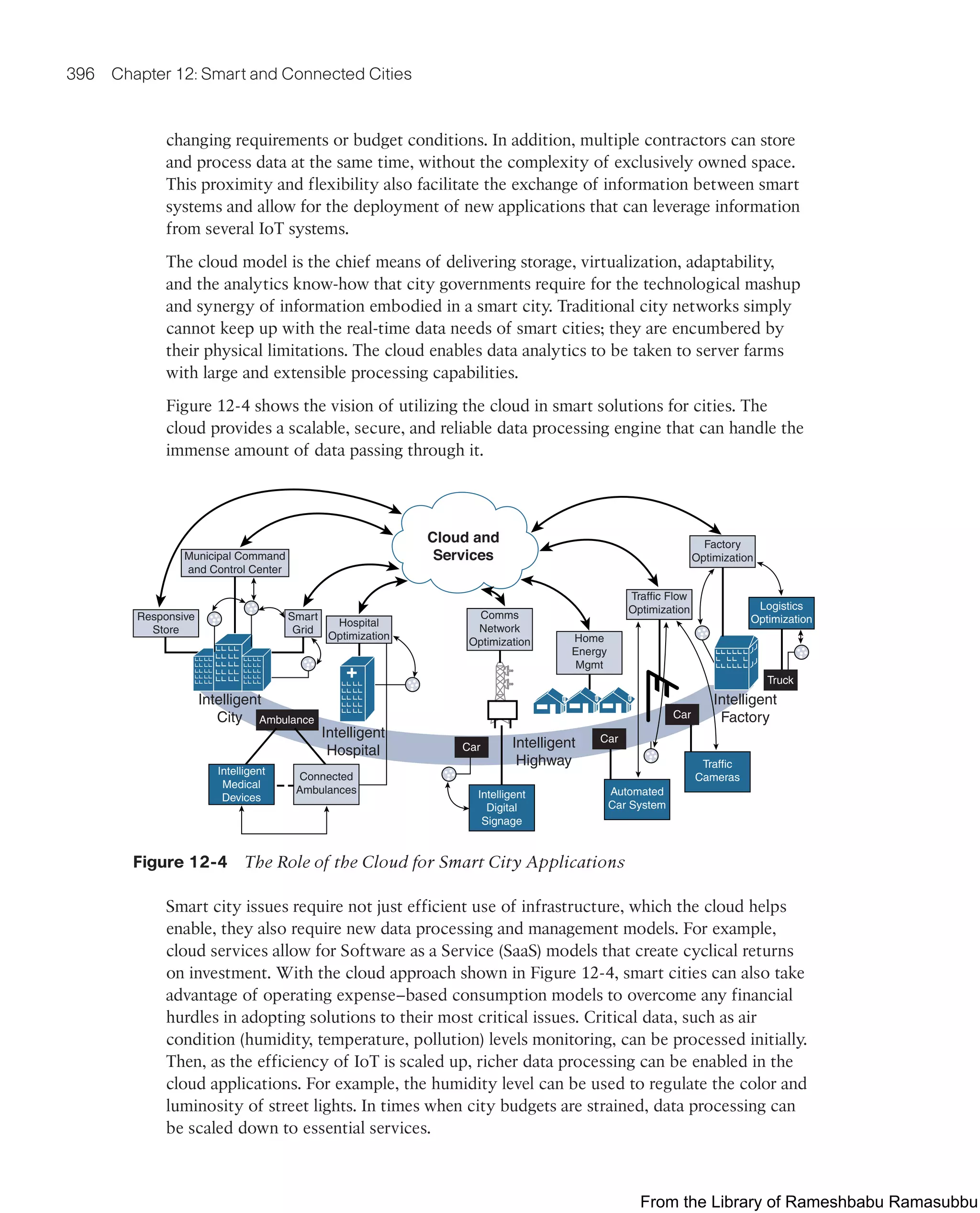 396 Chapter 12: Smart and Connected Cities
changing requirements or budget conditions. In addition, multiple contractors can store
and process data at the same time, without the complexity of exclusively owned space.
This proximity and flexibility also facilitate the exchange of information between smart
systems and allow for the deployment of new applications that can leverage information
from several IoT systems.
The cloud model is the chief means of delivering storage, virtualization, adaptability,
and the analytics know-how that city governments require for the technological mashup
and synergy of information embodied in a smart city. Traditional city networks simply
cannot keep up with the real-time data needs of smart cities; they are encumbered by
their physical limitations. The cloud enables data analytics to be taken to server farms
with large and extensible processing capabilities.
Figure 12-4 shows the vision of utilizing the cloud in smart solutions for cities. The
cloud provides a scalable, secure, and reliable data processing engine that can handle the
immense amount of data passing through it.
Intelligent
City
Intelligent
Factory
Intelligent
Hospital
Intelligent
Highway
Responsive
Store
Smart
Grid
Hospital
Optimization
Comms
Network
Optimization Home
Energy
Mgmt
Traffic Flow
Optimization
Factory
Optimization
Logistics
Optimization
Municipal Command
and Control Center
Ambulance
Car
Intelligent
Medical
Devices
Connected
Ambulances Intelligent
Digital
Signage
Car
Car
Automated
Car System
Traffic
Cameras
Cloud and
Services
Truck
Figure 12-4 The Role of the Cloud for Smart City Applications
Smart city issues require not just efficient use of infrastructure, which the cloud helps
enable, they also require new data processing and management models. For example,
cloud services allow for Software as a Service (SaaS) models that create cyclical returns
on investment. With the cloud approach shown in Figure 12-4, smart cities can also take
advantage of operating expense–based consumption models to overcome any financial
hurdles in adopting solutions to their most critical issues. Critical data, such as air
condition (humidity, temperature, pollution) levels monitoring, can be processed initially.
Then, as the efficiency of IoT is scaled up, richer data processing can be enabled in the
cloud applications. For example, the humidity level can be used to regulate the color and
luminosity of street lights. In times when city budgets are strained, data processing can
be scaled down to essential services.
From the Library of Rameshbabu Ramasubbu
 