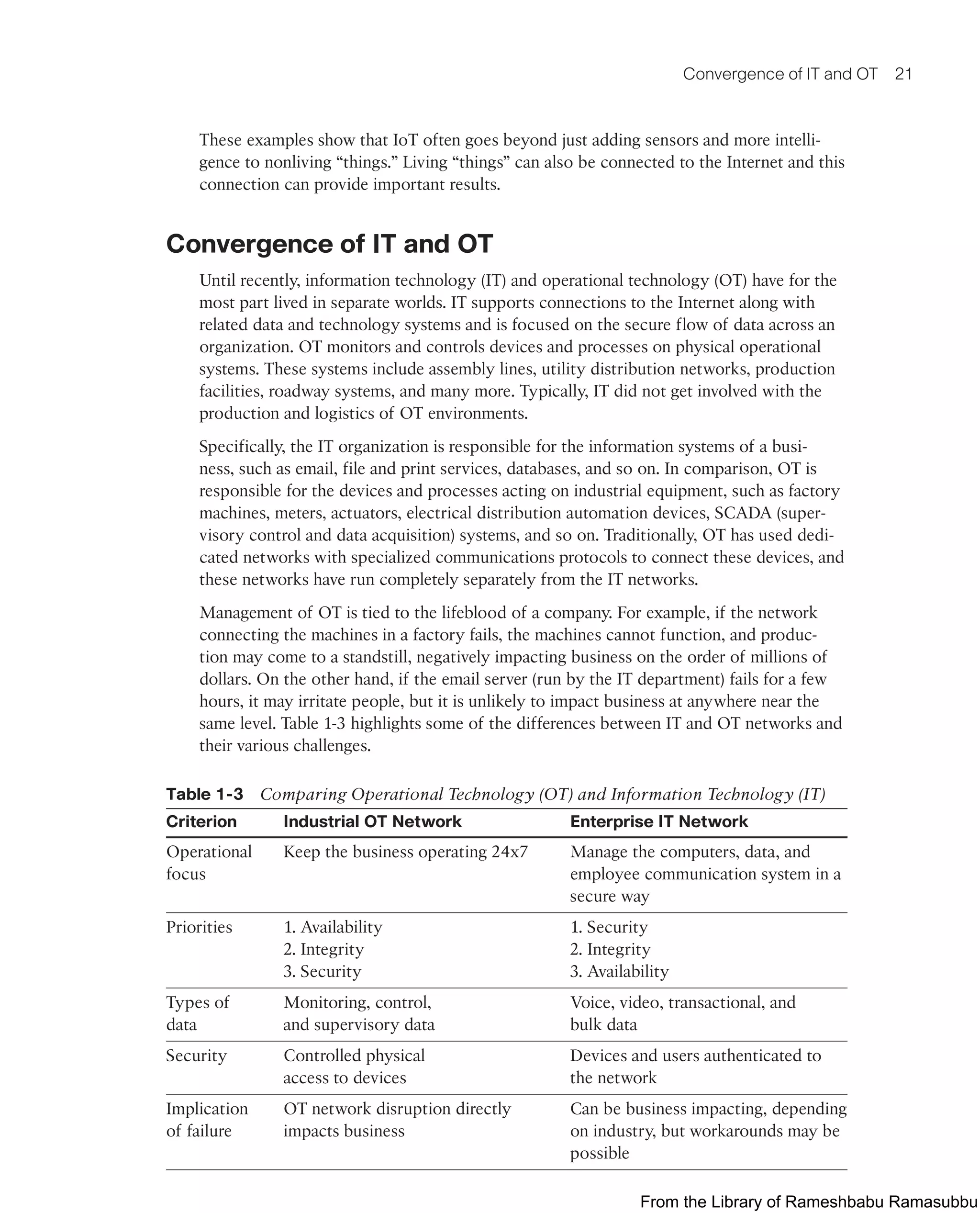 Convergence of IT and OT 21
These examples show that IoT often goes beyond just adding sensors and more intelli-
gence to nonliving “things.” Living “things” can also be connected to the Internet and this
connection can provide important results.
Convergence of IT and OT
Until recently, information technology (IT) and operational technology (OT) have for the
most part lived in separate worlds. IT supports connections to the Internet along with
related data and technology systems and is focused on the secure flow of data across an
organization. OT monitors and controls devices and processes on physical operational
systems. These systems include assembly lines, utility distribution networks, production
facilities, roadway systems, and many more. Typically, IT did not get involved with the
production and logistics of OT environments.
Specifically, the IT organization is responsible for the information systems of a busi-
ness, such as email, file and print services, databases, and so on. In comparison, OT is
responsible for the devices and processes acting on industrial equipment, such as factory
machines, meters, actuators, electrical distribution automation devices, SCADA (super-
visory control and data acquisition) systems, and so on. Traditionally, OT has used dedi-
cated networks with specialized communications protocols to connect these devices, and
these networks have run completely separately from the IT networks.
Management of OT is tied to the lifeblood of a company. For example, if the network
connecting the machines in a factory fails, the machines cannot function, and produc-
tion may come to a standstill, negatively impacting business on the order of millions of
dollars. On the other hand, if the email server (run by the IT department) fails for a few
hours, it may irritate people, but it is unlikely to impact business at anywhere near the
same level. Table 1-3 highlights some of the differences between IT and OT networks and
their various challenges.
Table 1-3 Comparing Operational Technology (OT) and Information Technology (IT)
Criterion Industrial OT Network Enterprise IT Network
Operational
focus
Keep the business operating 24x7 Manage the computers, data, and
employee communication system in a
secure way
Priorities 1. Availability
2. Integrity
3. Security
1. Security
2. Integrity
3. Availability
Types of
data
Monitoring, control,
and supervisory data
Voice, video, transactional, and
bulk data
Security Controlled physical
access to devices
Devices and users authenticated to
the network
Implication
of failure
OT network disruption directly
impacts business
Can be business impacting, depending
on industry, but workarounds may be
possible
From the Library of Rameshbabu Ramasubbu
 