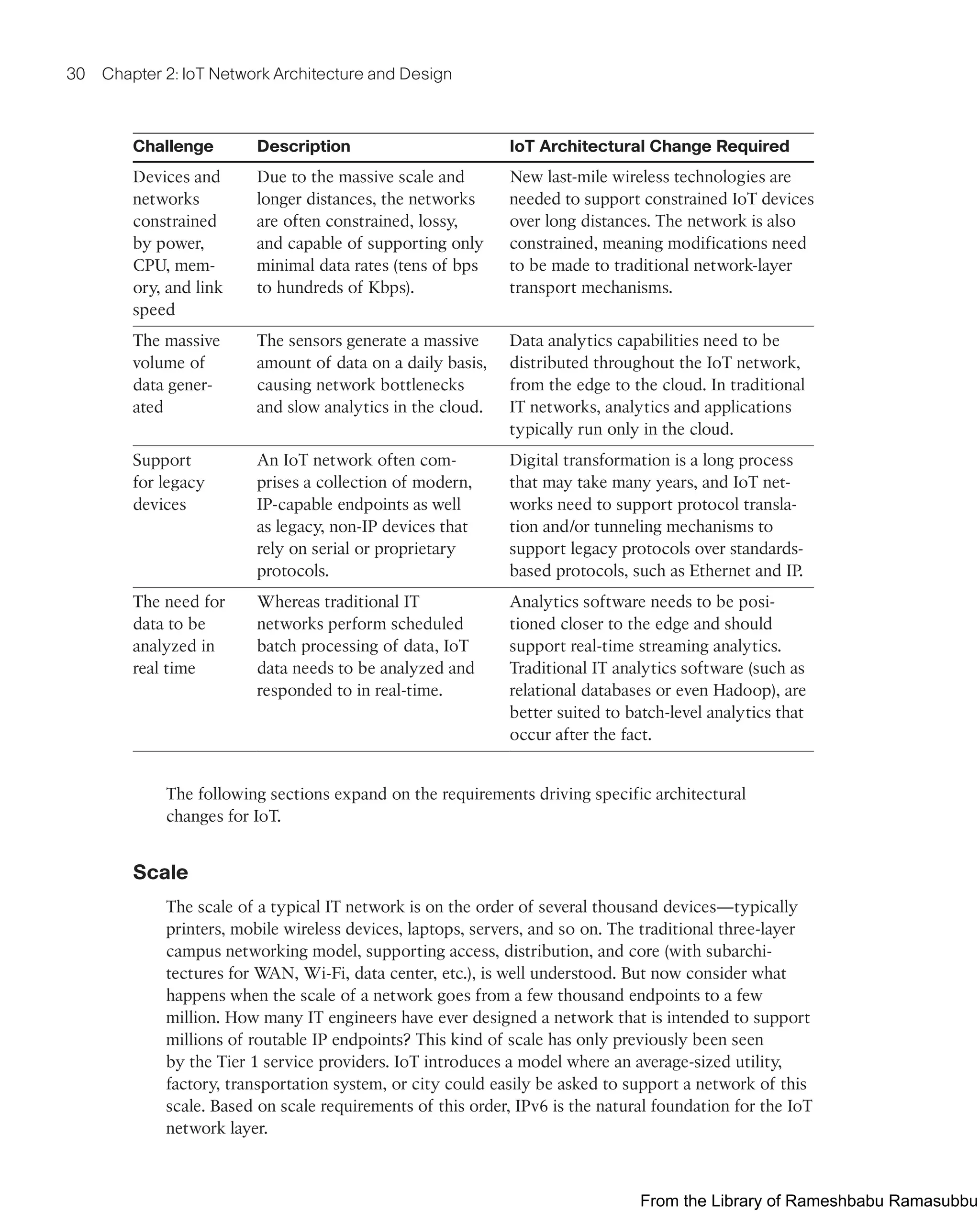 30 Chapter 2: IoT Network Architecture and Design
Challenge Description IoT Architectural Change Required
Devices and
networks
constrained
by power,
CPU, mem-
ory, and link
speed
Due to the massive scale and
longer distances, the networks
are often constrained, lossy,
and capable of supporting only
minimal data rates (tens of bps
to hundreds of Kbps).
New last-mile wireless technologies are
needed to support constrained IoT devices
over long distances. The network is also
constrained, meaning modifications need
to be made to traditional network-layer
transport mechanisms.
The massive
volume of
data gener-
ated
The sensors generate a massive
amount of data on a daily basis,
causing network bottlenecks
and slow analytics in the cloud.
Data analytics capabilities need to be
distributed throughout the IoT network,
from the edge to the cloud. In traditional
IT networks, analytics and applications
typically run only in the cloud.
Support
for legacy
devices
An IoT network often com-
prises a collection of modern,
IP-capable endpoints as well
as legacy, non-IP devices that
rely on serial or proprietary
protocols.
Digital transformation is a long process
that may take many years, and IoT net-
works need to support protocol transla-
tion and/or tunneling mechanisms to
support legacy protocols over standards-
based protocols, such as Ethernet and IP.
The need for
data to be
analyzed in
real time
Whereas traditional IT
networks perform scheduled
batch processing of data, IoT
data needs to be analyzed and
responded to in real-time.
Analytics software needs to be posi-
tioned closer to the edge and should
support real-time streaming analytics.
Traditional IT analytics software (such as
relational databases or even Hadoop), are
better suited to batch-level analytics that
occur after the fact.
The following sections expand on the requirements driving specific architectural
changes for IoT.
Scale
The scale of a typical IT network is on the order of several thousand devices—typically
printers, mobile wireless devices, laptops, servers, and so on. The traditional three-layer
campus networking model, supporting access, distribution, and core (with subarchi-
tectures for WAN, Wi-Fi, data center, etc.), is well understood. But now consider what
happens when the scale of a network goes from a few thousand endpoints to a few
million. How many IT engineers have ever designed a network that is intended to support
millions of routable IP endpoints? This kind of scale has only previously been seen
by the Tier 1 service providers. IoT introduces a model where an average-sized utility,
factory, transportation system, or city could easily be asked to support a network of this
scale. Based on scale requirements of this order, IPv6 is the natural foundation for the IoT
network layer.
From the Library of Rameshbabu Ramasubbu
 