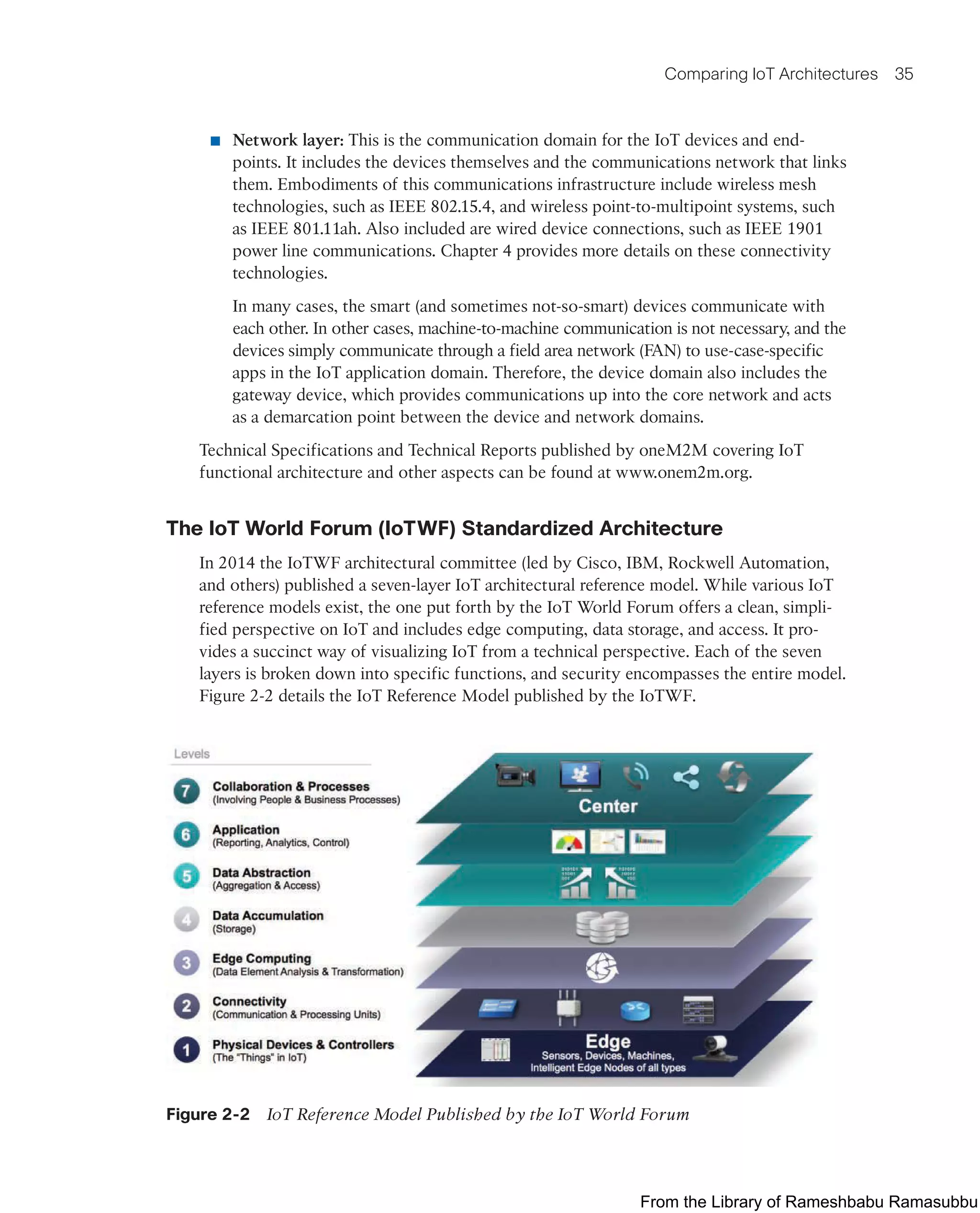 Comparing IoT Architectures 35
■ Network layer: This is the communication domain for the IoT devices and end-
points. It includes the devices themselves and the communications network that links
them. Embodiments of this communications infrastructure include wireless mesh
technologies, such as IEEE 802.15.4, and wireless point-to-multipoint systems, such
as IEEE 801.11ah. Also included are wired device connections, such as IEEE 1901
power line communications. Chapter 4 provides more details on these connectivity
technologies.
In many cases, the smart (and sometimes not-so-smart) devices communicate with
each other. In other cases, machine-to-machine communication is not necessary, and the
devices simply communicate through a field area network (FAN) to use-case-specific
apps in the IoT application domain. Therefore, the device domain also includes the
gateway device, which provides communications up into the core network and acts
as a demarcation point between the device and network domains.
Technical Specifications and Technical Reports published by oneM2M covering IoT
functional architecture and other aspects can be found at www.onem2m.org.
The IoT World Forum (IoTWF) Standardized Architecture
In 2014 the IoTWF architectural committee (led by Cisco, IBM, Rockwell Automation,
and others) published a seven-layer IoT architectural reference model. While various IoT
reference models exist, the one put forth by the IoT World Forum offers a clean, simpli-
fied perspective on IoT and includes edge computing, data storage, and access. It pro-
vides a succinct way of visualizing IoT from a technical perspective. Each of the seven
layers is broken down into specific functions, and security encompasses the entire model.
Figure 2-2 details the IoT Reference Model published by the IoTWF.
Figure 2-2 IoT Reference Model Published by the IoT World Forum
From the Library of Rameshbabu Ramasubbu
 