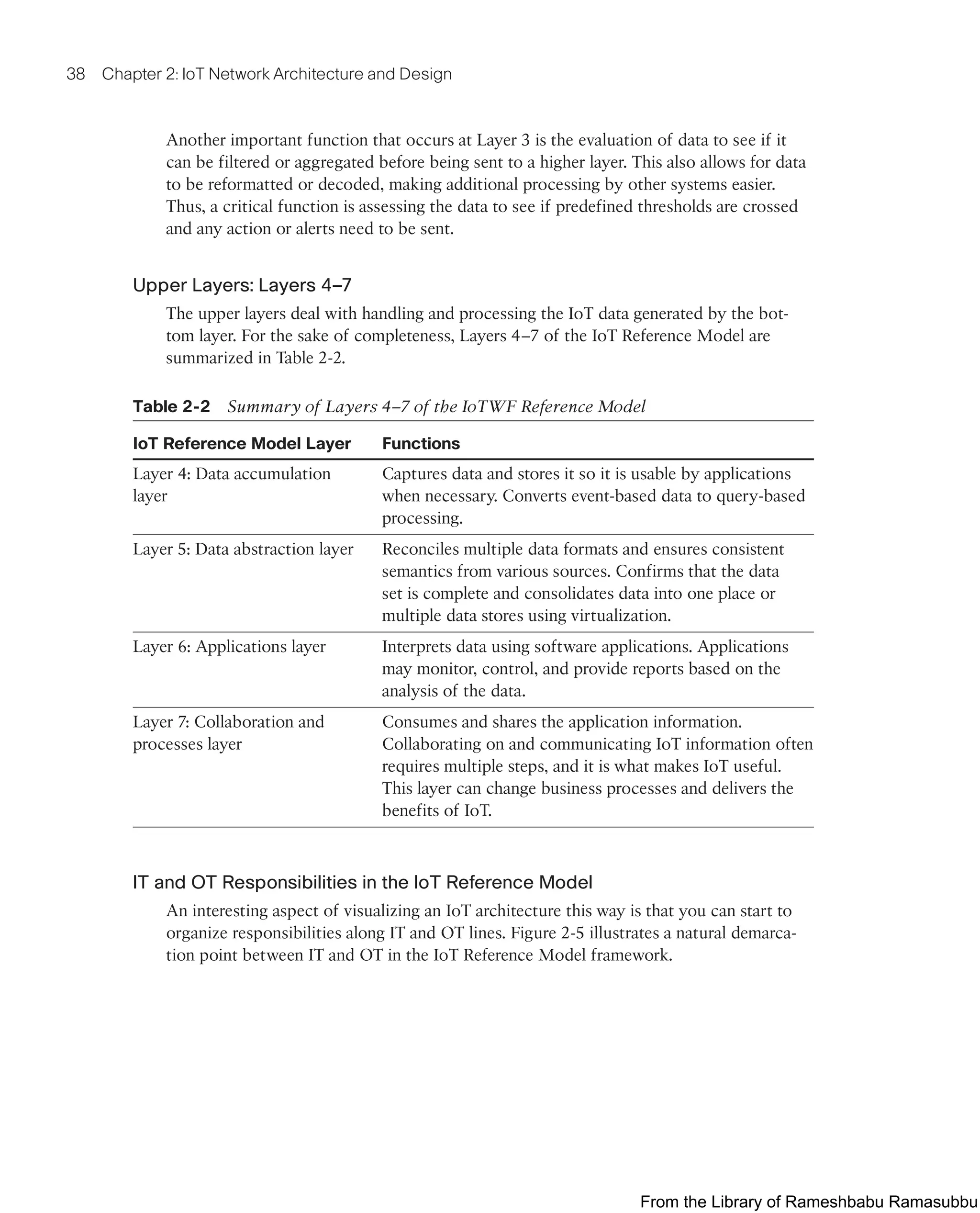 38 Chapter 2: IoT Network Architecture and Design
Another important function that occurs at Layer 3 is the evaluation of data to see if it
can be filtered or aggregated before being sent to a higher layer. This also allows for data
to be reformatted or decoded, making additional processing by other systems easier.
Thus, a critical function is assessing the data to see if predefined thresholds are crossed
and any action or alerts need to be sent.
Upper Layers: Layers 4–7
The upper layers deal with handling and processing the IoT data generated by the bot-
tom layer. For the sake of completeness, Layers 4–7 of the IoT Reference Model are
summarized in Table 2-2.
Table 2-2 Summary of Layers 4–7 of the IoTWF Reference Model
IoT Reference Model Layer Functions
Layer 4: Data accumulation
layer
Captures data and stores it so it is usable by applications
when necessary. Converts event-based data to query-based
processing.
Layer 5: Data abstraction layer Reconciles multiple data formats and ensures consistent
semantics from various sources. Confirms that the data
set is complete and consolidates data into one place or
multiple data stores using virtualization.
Layer 6: Applications layer Interprets data using software applications. Applications
may monitor, control, and provide reports based on the
analysis of the data.
Layer 7: Collaboration and
processes layer
Consumes and shares the application information.
Collaborating on and communicating IoT information often
requires multiple steps, and it is what makes IoT useful.
This layer can change business processes and delivers the
benefits of IoT.
IT and OT Responsibilities in the IoT Reference Model
An interesting aspect of visualizing an IoT architecture this way is that you can start to
organize responsibilities along IT and OT lines. Figure 2-5 illustrates a natural demarca-
tion point between IT and OT in the IoT Reference Model framework.
From the Library of Rameshbabu Ramasubbu
 