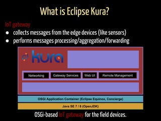 What is Eclipse Kura?
IoT gateway
● collects messages from the edge devices (like sensors)
● performs messages processing/aggregation/forwarding
OSGi-based IoT gateway for the field devices.
OSGi Application Container (Eclipse Equinox, Concierge)
Java SE 7 / 8 (OpenJDK)
Networking Gateway Services Web UI Remote Management
 