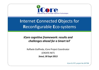 Internet Connected Objects for 
Reconfigurable Eco‐systems
iCore EU FP7, project No 287708
iCore cognitive framework: results and 
challenges ahead for a Smart IoT
Raffaele Giaffreda, iCore Project Coordinator
(CREATE‐NET)
Seoul, 30 Sept 2013
 