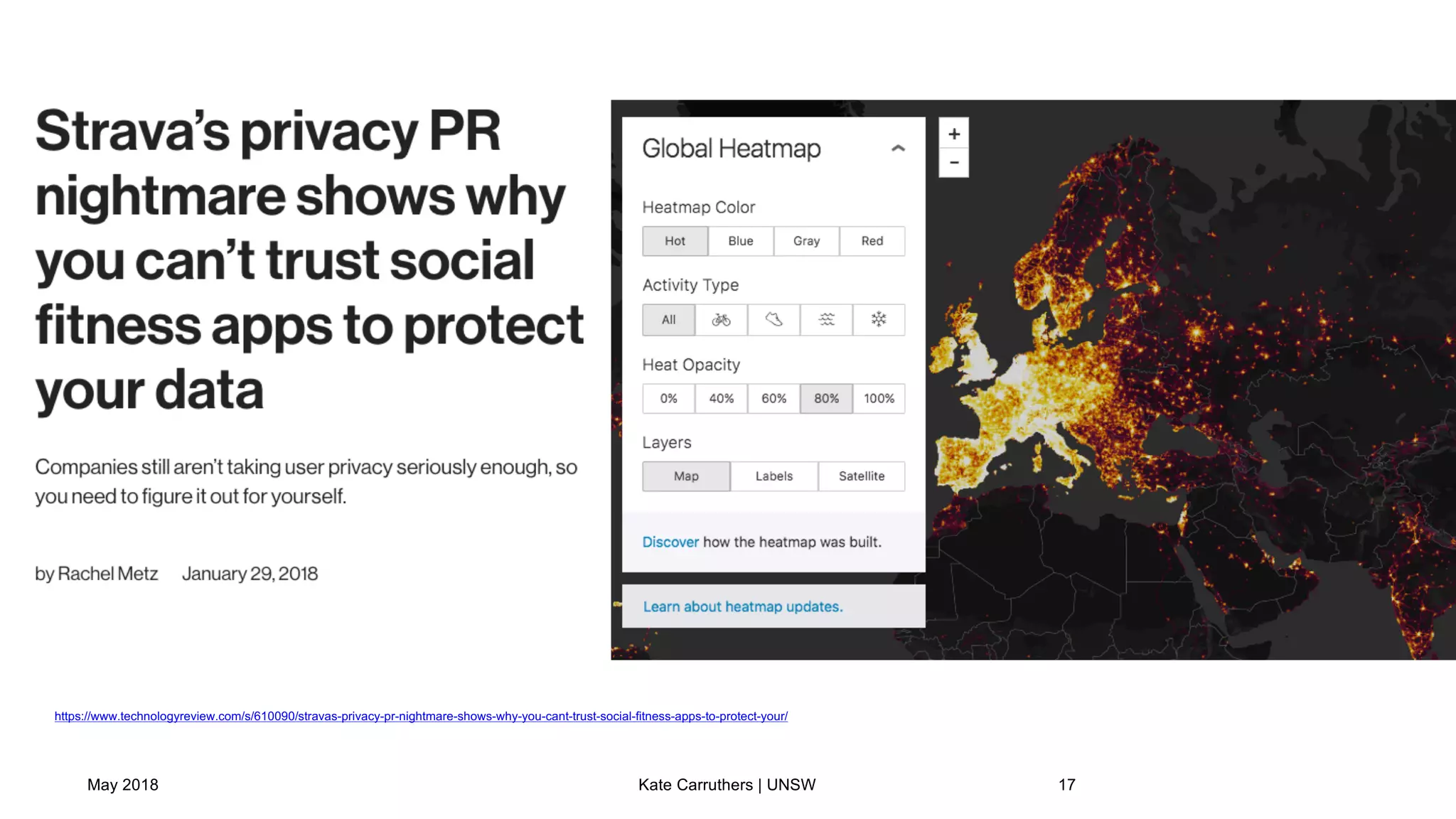 May 2018 Kate Carruthers | UNSW 17
https://www.technologyreview.com/s/610090/stravas-privacy-pr-nightmare-shows-why-you-cant-trust-social-fitness-apps-to-protect-your/
 