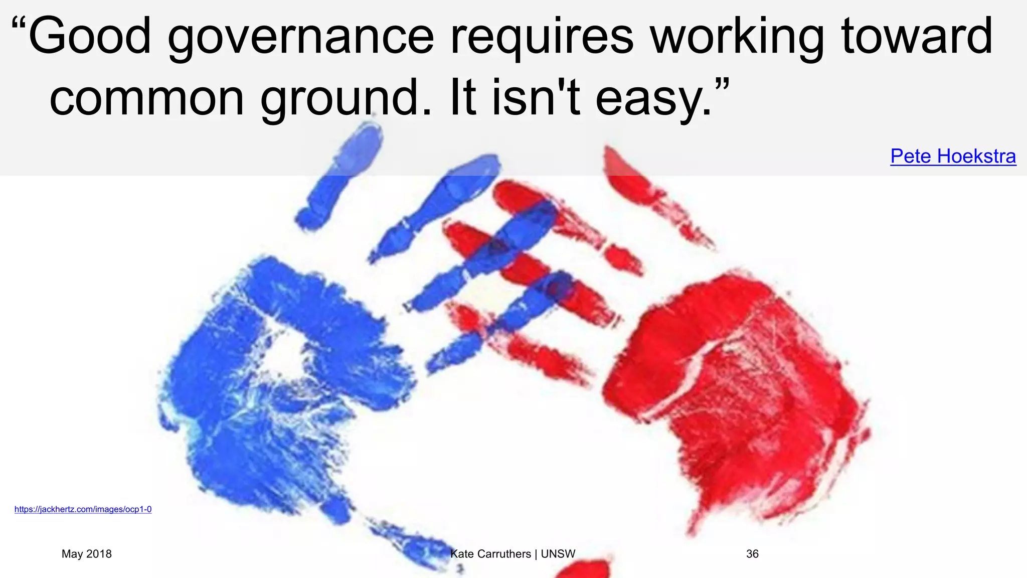 “Good governance requires working toward
common ground. It isn't easy.”
Pete Hoekstra
May 2018 Kate Carruthers | UNSW 36
https://jackhertz.com/images/ocp1-0
 