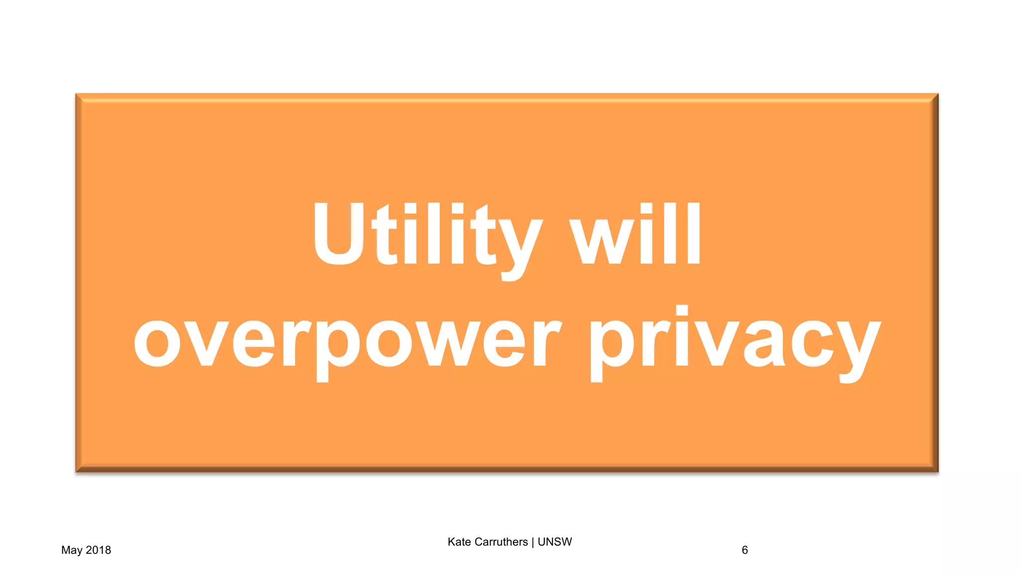 May 2018
Kate Carruthers | UNSW
6
Utility will
overpower privacy
 
