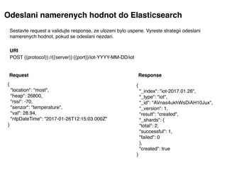 Odeslani namerenych hodnot do Elasticsearch
{
 "location": "most",
 "heap": 26800,
 "rssi": -70,
 "senzor": "temperature",
 "val": 28.94,
 "ntpDateTime": "2017-01-26T12:15:03.000Z"
}
{
 "_index": "iot-2017.01.26",
 "_type": "iot",
 "_id": "AVnas4ukhWsDiAH10Jux",
 "_version": 1,
 "result": "created",
 "_shards": {
 "total": 2,
 "successful": 1,
 "failed": 0
 },
 "created": true
}
POST {{protocol}}://{{server}}:{{port}}/iot-YYYY-MM-DD/iot
URI
Request Response
Sestavte request a validujte response, ze ulozeni bylo uspene. Vyreste strategii odeslani
namerenych hodnot, pokud se odeslani nezdari.
 