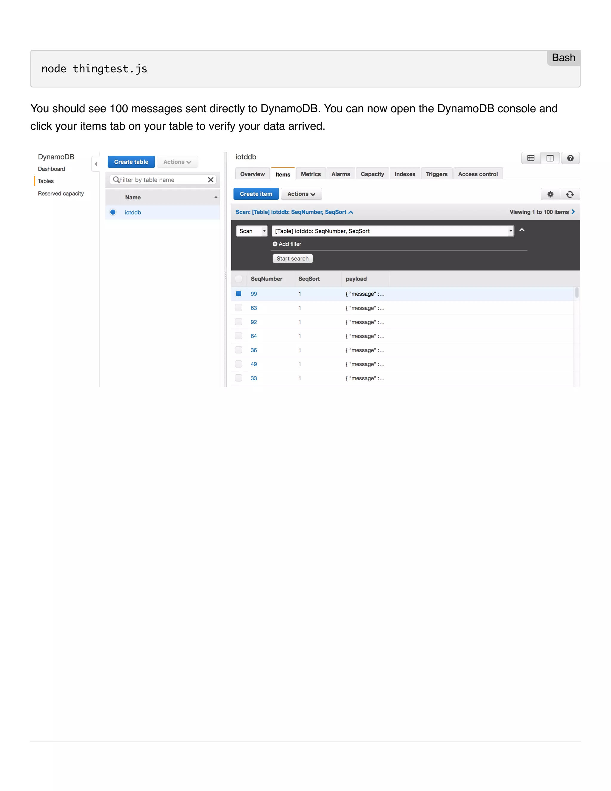node thingtest.js You should see 100 messages sent directly to DynamoDB. You can now open the DynamoDB console and click your items tab on your table to verify your data arrived. Bash 