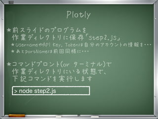 ★前スライドのプログラムを
作業ディレクトリに保存「step2.js」
★ UsernameやAPI Key, Tokenは自分のアカウントの情報を・・・
★ あとportNameは前回同様に・・・
★コマンドプロント(or ターミナル)で
作業ディレクトリにいる状態で、
下記コマンドを実行します
•
> node step2.js
84
Plotly
 