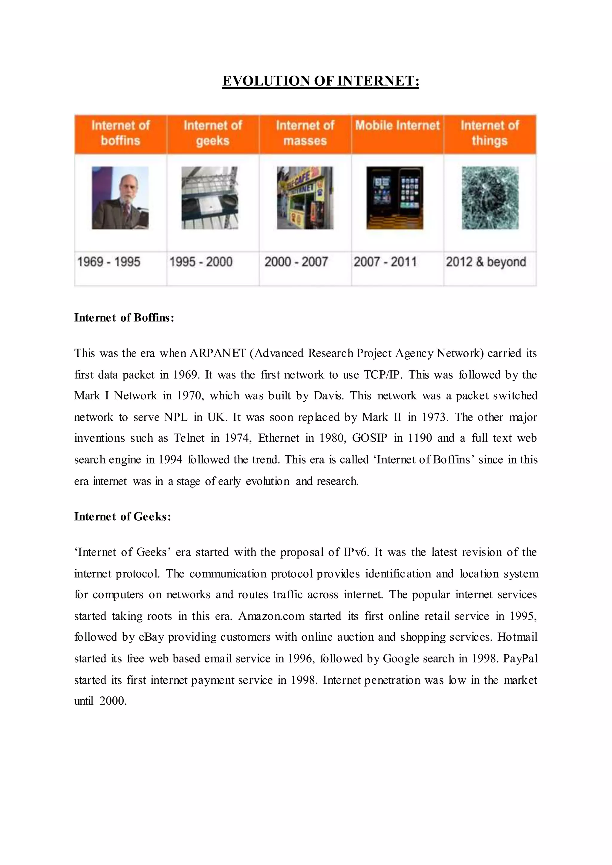 EVOLUTION OF INTERNET:
Internet of Boffins:
This was the era when ARPANET (Advanced Research Project Agency Network) carried its
first data packet in 1969. It was the first network to use TCP/IP. This was followed by the
Mark I Network in 1970, which was built by Davis. This network was a packet switched
network to serve NPL in UK. It was soon replaced by Mark II in 1973. The other major
inventions such as Telnet in 1974, Ethernet in 1980, GOSIP in 1190 and a full text web
search engine in 1994 followed the trend. This era is called ‘Internet of Boffins’ since in this
era internet was in a stage of early evolution and research.
Internet of Geeks:
‘Internet of Geeks’ era started with the proposal of IPv6. It was the latest revision of the
internet protocol. The communication protocol provides identification and location system
for computers on networks and routes traffic across internet. The popular internet services
started taking roots in this era. Amazon.com started its first online retail service in 1995,
followed by eBay providing customers with online auction and shopping services. Hotmail
started its free web based email service in 1996, followed by Google search in 1998. PayPal
started its first internet payment service in 1998. Internet penetration was low in the market
until 2000.
 