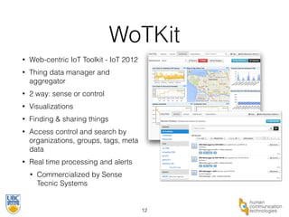 WoTKit 
• Web-centric IoT Toolkit - IoT 2012 
• Thing data manager and 
aggregator 
• 2 way: sense or control 
• Visualizations 
• Finding & sharing things 
• Access control and search by 
organizations, groups, tags, meta 
data 
• Real time processing and alerts 
• Commercialized by Sense 
Tecnic Systems 
12 
 