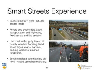 Smart Streets Experience 
• In operation for 1 year ~64,000 
sensor feeds 
• Private and public data about 
transportation and highways, 
fixed assets and live sensors. 
• Live road traffic, gully levels, air 
quality, weather, flooding, fixed 
asset: signs, roads, barriers, 
parking locations, planned 
roadworks. 
• Sensors upload automatically via 
APIs. Assets uploaded manually. 
17 
 