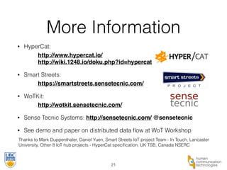 More Information 
• HyperCat: 
http://www.hypercat.io/ 
http://wiki.1248.io/doku.php?id=hypercat! 
• Smart Streets: 
https://smartstreets.sensetecnic.com/ 
• WoTKit: 
! ! http://wotkit.sensetecnic.com/! 
• Sense Tecnic Systems: http://sensetecnic.com/ @sensetecnic! 
• See demo and paper on distributed data flow at WoT Workshop 
Thanks to Mark Duppenthaler, Daniel Yuen, Smart Streets IoT project Team - In Touch, Lancaster 
University, Other 8 IoT hub projects - HyperCat specification, UK TSB, Canada NSERC 
21 
