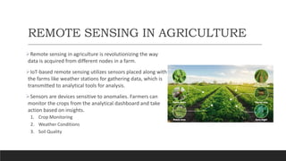 REMOTE SENSING IN AGRICULTURE
Remote sensing in agriculture is revolutionizing the way
data is acquired from different nodes in a farm.
IoT-based remote sensing utilizes sensors placed along with
the farms like weather stations for gathering data, which is
transmitted to analytical tools for analysis.
Sensors are devices sensitive to anomalies. Farmers can
monitor the crops from the analytical dashboard and take
action based on insights.
1. Crop Monitoring
2. Weather Conditions
3. Soil Quality
 