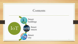 Contents
2
IoT
Smart
buildings
Smart
streets
Smart
city
 