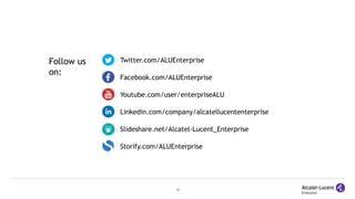 13
Linkedin.com/company/alcatellucententerprise
Twitter.com/ALUEnterprise
Facebook.com/ALUEnterprise
Youtube.com/user/enterpriseALU
Slideshare.net/Alcatel-Lucent_Enterprise
Storify.com/ALUEnterprise
Follow us
on:
 
