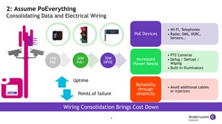 9
2: Assume PoEverything
Consolidating Data and Electrical Wiring
• Wi-Fi, Telephones
• Radar, DMS, DSRC,
Sensors…
PoE Devices
• PTZ Cameras
• Defog / Defrost /
Wiping
• Built-In Illuminators
Increased
Power Needs
• Avoid additional cables
or injectors
Reliability
through
simplicity
Wiring Consolidation Brings Cost Down
6865
15W
PoE
30W
PoE+
70W
HPOE
Uptime
Points of failure
 