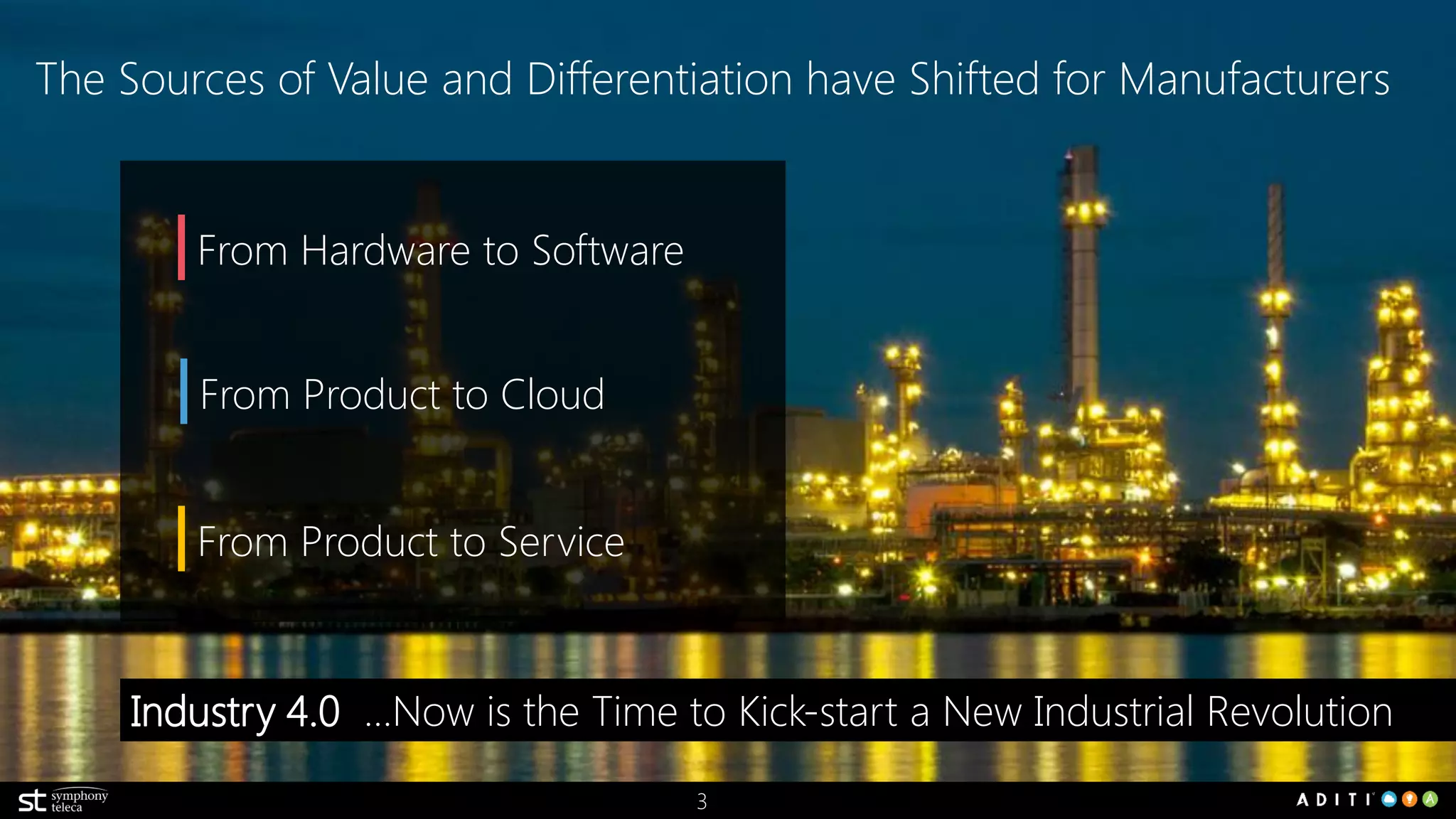 3
The Sources of Value and Differentiation have Shifted for Manufacturers
From Hardware to Software
From Product to Cloud
From Product to Service
Industry 4.0 …Now is the Time to Kick-start a New Industrial Revolution
 