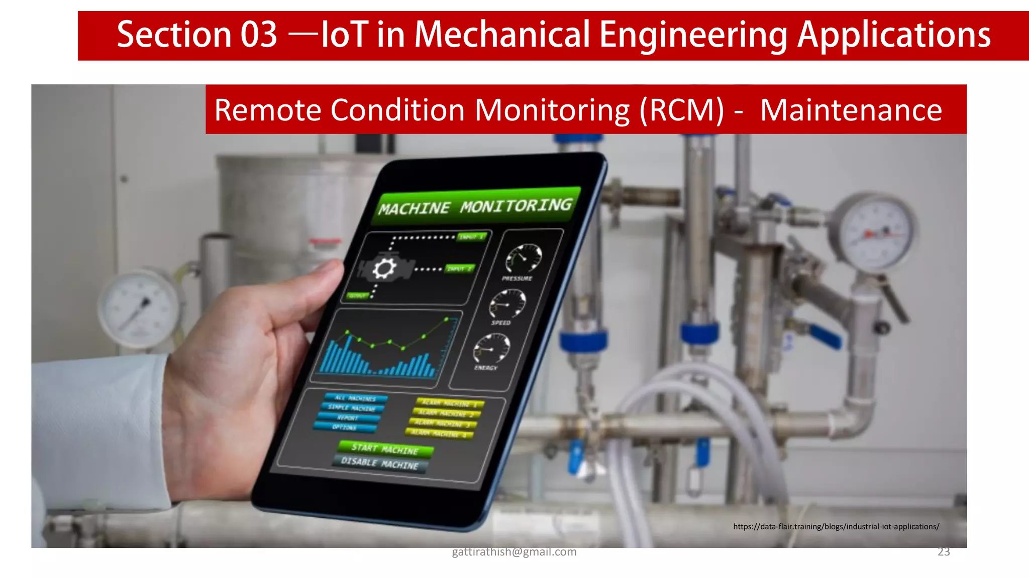 https://data-flair.training/blogs/industrial-iot-applications/
Remote Condition Monitoring (RCM) - Maintenance
23
gattirathish@gmail.com
 