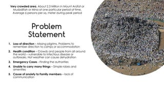 favoriot
Problem
Statement
1. Loss of direction – Missing pilgrims. Problems to
remember direction to camps or accommodation
2. Health condition – Crowds and people from all around
the world – vulnerable to infectious disease or
outbreaks. Hot weather can cause dehydration
3. Emergency Cases - Finding the authorities
4. Unable to carry many things – Simple robes and
amenities
5. Cause of anxiety to Family members – lack of
communication
Very crowded area. About 2.3 Million in Mount Arafat or
Mudzalifah or Mina at one particular period of time.
Average 6 persons per sq. meter during peak period
 