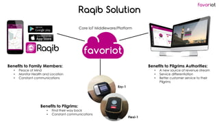 favoriot
Raqib Solution
Flexi-1
Benefits to Family Members:
• Peace of Mind
• Monitor Health and Location
• Constant communications
Benefits to Pilgrims:
• Find their way back
• Constant communications
Benefits to Pilgrims Authorities:
• A new source of revenue stream
• Service differentiation
• Better customer service to their
Pilgrims
Ezy-1
Core IoT Middleware/Platform
 