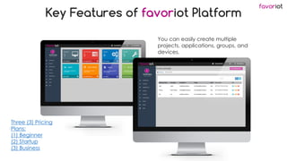 favoriot
Key Features of favoriot Platform
Three (3) Pricing
Plans:
(1) Beginner
(2) Startup
(3) Business
You can easily create multiple
projects, applications, groups, and
devices.
 