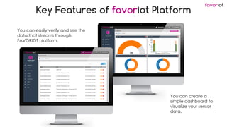 favoriot
Key Features of favoriot Platform
You can easily verify and see the
data that streams through
FAVORIOT platform.
You can create a
simple dashboard to
visualize your sensor
data.
 