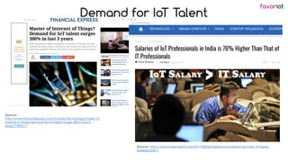 favoriot
Demand for IoT Talent
[Source:
http://www.financialexpress.com/industry/technology/master-of-
internet-of-things-demand-for-iot-talent-surges-300-in-last-3-
years/729007/ ]
[Source: https://www.indianweb2.com/2017/08/02/salaries-iot-professionals-india-76-higher-
professionals/ ]
 