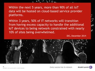 16
COPYRIGHT © 2015 ALCATEL-LUCENT. ALL RIGHTS RESERVED.
Photo:visitoakdaleca.Com
Within 3 years, 50% of IT networks will transition
from having excess capacity to handle the additional
IoT devices to being network constrained with nearly
10% of sites being overwhelmed.
Within the next 5 years, more than 90% of all IoT
data will be hosted on cloud-based service provider
platforms.
IDC, December 2014
 
