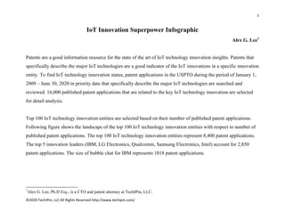 1 
 
©2020 TechIPm, LLC All Rights Reserved http://www.techipm.com/ 
 
IoT Innovation Superpower Infographic
Alex G. Lee1
Patents are a good information resource for the state of the art of IoT technology innovation insights. Patents that
specifically describe the major IoT technologies are a good indicator of the IoT innovations in a specific innovation
entity. To find IoT technology innovation status, patent applications in the USPTO during the period of January 1,
2009 – June 30, 2020 in priority date that specifically describe the major IoT technologies are searched and
reviewed. 16,000 published patent applications that are related to the key IoT technology innovation are selected
for detail analysis.
Top 100 IoT technology innovation entities are selected based on their number of published patent applications.
Following figure shows the landscape of the top 100 IoT technology innovation entities with respect to number of
published patent applications. The top 100 IoT technology innovation entities represent 8,400 patent applications.
The top 5 innovation leaders (IBM, LG Electronics, Qualcomm, Samsung Electronics, Intel) account for 2,850
patent applications. The size of bubble chat for IBM represents 1018 patent applications.
                                                            
1
Alex G. Lee, Ph.D Esq., is a CTO and patent attorney at TechIPm, LLC.
 