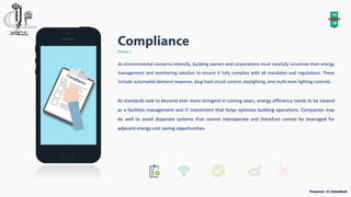10
18
Phase 1
As environmental concerns intensify, building owners and corporations must carefully scrutinize their energy
management and monitoring solution to ensure it fully complies with all mandates and regulations. These
include automated demand response, plug load circuit control, daylighting, and multi-level lighting controls.
As standards look to become ever more stringent in coming years, energy efficiency needs to be viewed
as a facilities management and IT investment that helps optimize building operations. Companies may
do well to avoid disparate systems that cannot interoperate and therefore cannot be leveraged for
adjacent energy cost saving opportunities.
 