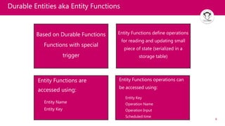 8
Based on Durable Functions
Functions with special
trigger
Entity Functions define operations
for reading and updating small
piece of state (serialized in a
storage table)
Entity Functions are
accessed using:
Entity Name
Entity Key
Entity Functions operations can
be accessed using:
Entity Key
Operation Name
Operation Input
Scheduled time
Durable Entities aka Entity Functions
 