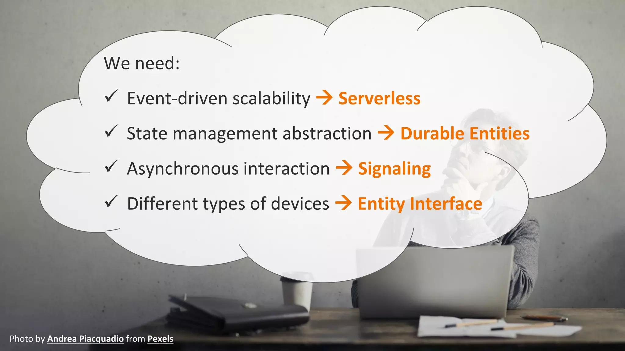 We need:
✓ Event-driven scalability → Serverless
✓ State management abstraction → Durable Entities
✓ Asynchronous interaction → Signaling
✓ Different types of devices → Entity Interface
Photo by Andrea Piacquadio from Pexels
 