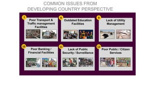 COMMON ISSUES FROM
DEVELOPING COUNTRY PERSPECTIVE
Poor Transport &
Traffic management
Facilities
7
Outdated Education
Facilities
8
Lack of Utility
Management
9
Poor Banking /
Financial Facilities
Lack of Public
Security / Surveillance
11
Poor Public / Citizen
Services
1210
 