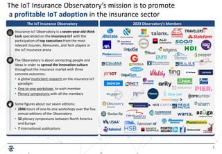 1
2023 Observatory’s Members
The IoT Insurance Observatory
Insurance IoT Observatory is a seven-year-old think
tank specialized on the insurance IoT with the
participation of top executives from the most
relevant Insurers, Reinsurers, and Tech players in
the IoT insurance arena
The Observatory is about connecting people and
ideas in order to spread the innovation culture
throughout the insurance market with three
concrete outcomes:
• A global multiclient research on the insurance IoT
paradigm
• One-to-one workshops to each member
• Plenary symposiums with all the members
Some figures about our seven editions:
• 2846 hours of one-to-one workshops over the five
annual editions of the Observatory
• 32 plenary symposiums between North America
and Europe
• 7 international publications
The IoT Insurance Observatory’s mission is to promote
a profitable IoT adoption in the insurance sector
 