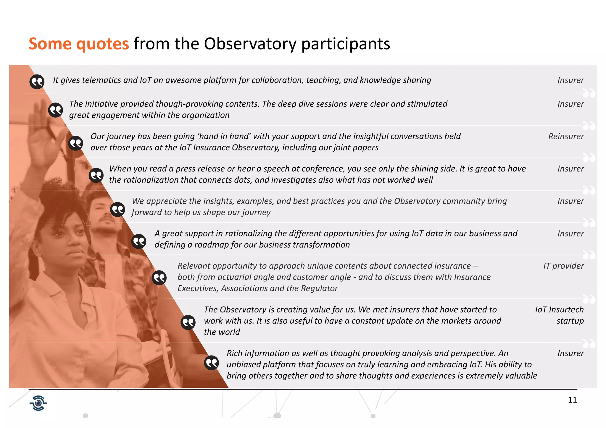 11
Some quotes from the Observatory participants
It gives telematics and IoT an awesome platform for collaboration, teaching, and knowledge sharing
The initiative provided though-provoking contents. The deep dive sessions were clear and stimulated
great engagement within the organization
Our journey has been going ‘hand in hand’ with your support and the insightful conversations held
over those years at the IoT Insurance Observatory, including our joint papers
When you read a press release or hear a speech at conference, you see only the shining side. It is great to have
the rationalization that connects dots, and investigates also what has not worked well
We appreciate the insights, examples, and best practices you and the Observatory community bring
forward to help us shape our journey
A great support in rationalizing the different opportunities for using IoT data in our business and
defining a roadmap for our business transformation
Relevant opportunity to approach unique contents about connected insurance –
both from actuarial angle and customer angle - and to discuss them with Insurance
Executives, Associations and the Regulator
The Observatory is creating value for us. We met insurers that have started to
work with us. It is also useful to have a constant update on the markets around
the world
Rich information as well as thought provoking analysis and perspective. An
unbiased platform that focuses on truly learning and embracing IoT. His ability to
bring others together and to share thoughts and experiences is extremely valuable
Insurer
Insurer
Reinsurer
Insurer
Insurer
Insurer
IT provider
IoT Insurtech
startup
Insurer
 