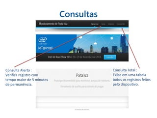 Consultas
Consulta Alerta :
Verifica registro com
tempo maior de 5 minutos
de permanência.
Consulta Total :
Exibe em uma tabela
todos os registros feitos
pelo dispositivo.
 