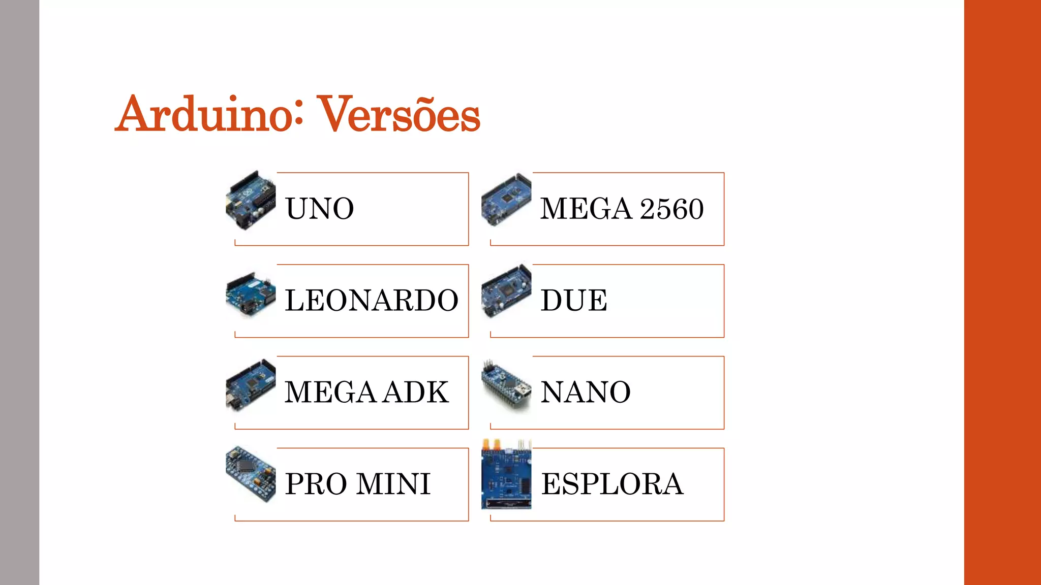 Arduino: Versões
UNO MEGA 2560
LEONARDO DUE
MEGA ADK NANO
PRO MINI ESPLORA
 